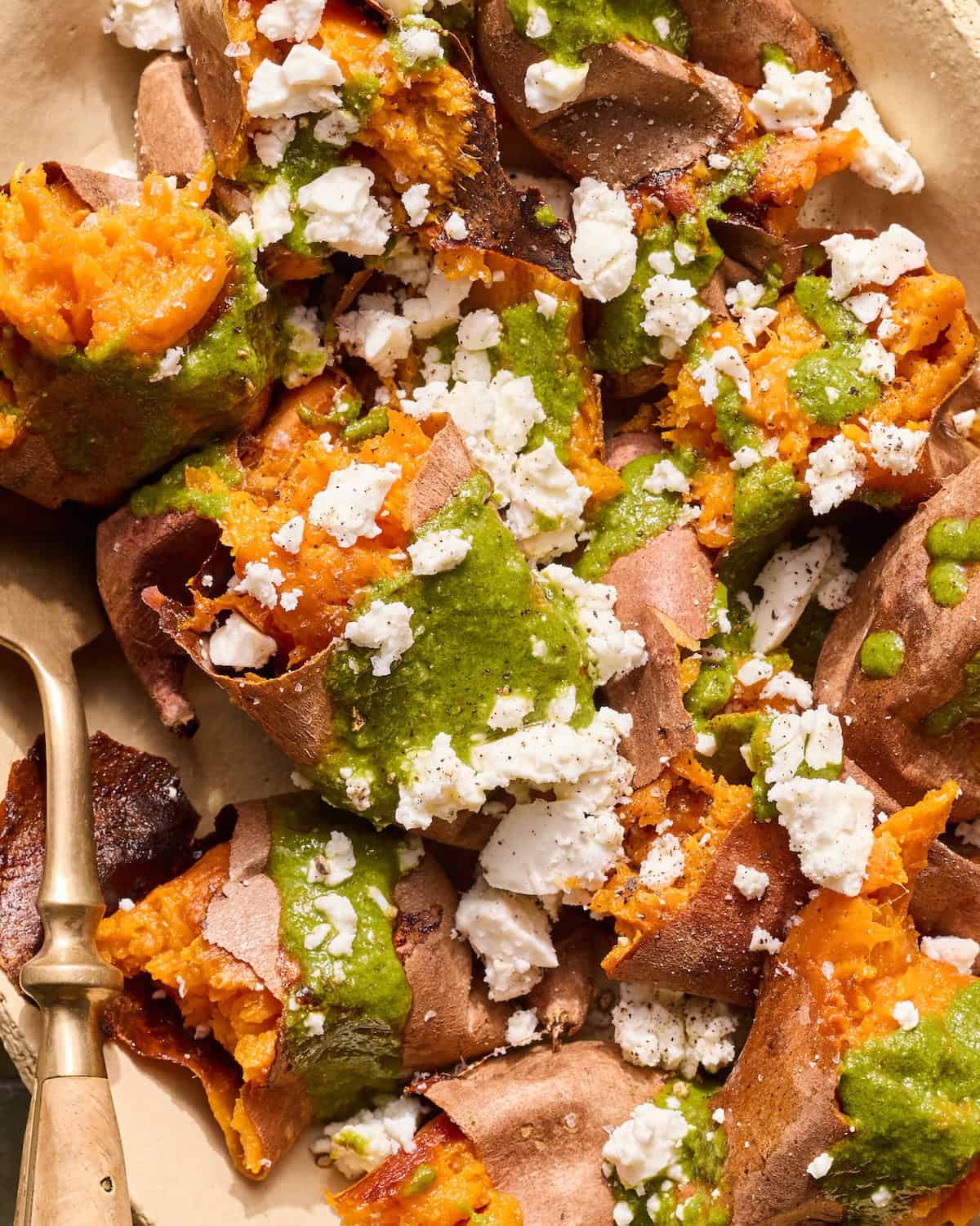 Smoked Sweet Potatoes with Feta and Basil Vinaigrette 