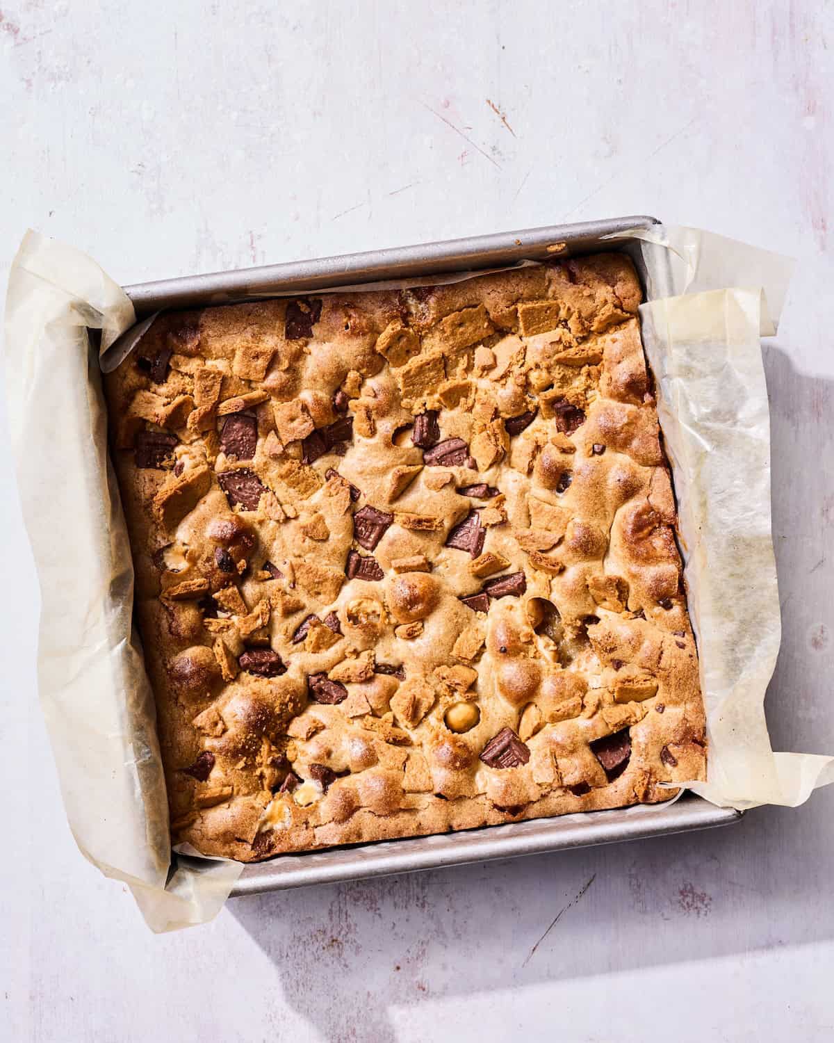 S'more Blondies in a 9x9 metal baking dish 