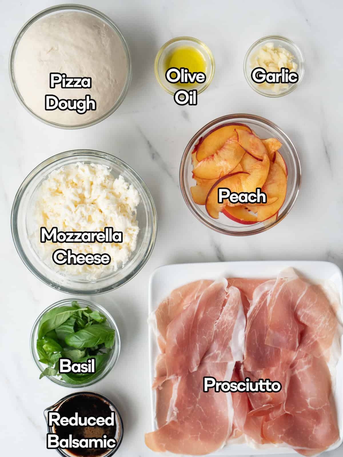 Mise en place of all ingredients to make grilled peach and prosciutto pizza.