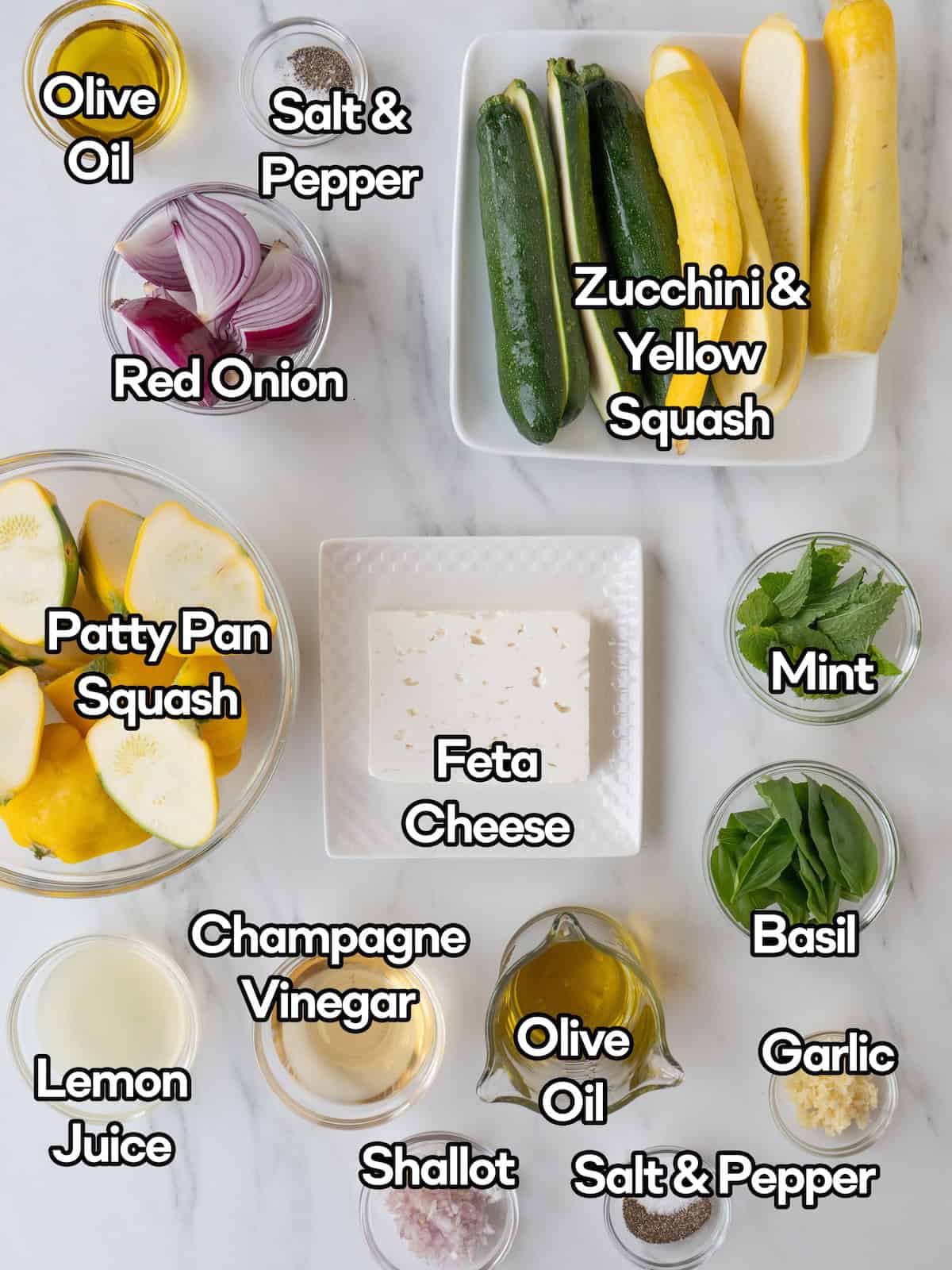 Mise en place of all ingredients to make grilled summer squash with feta and a vinaigrette.