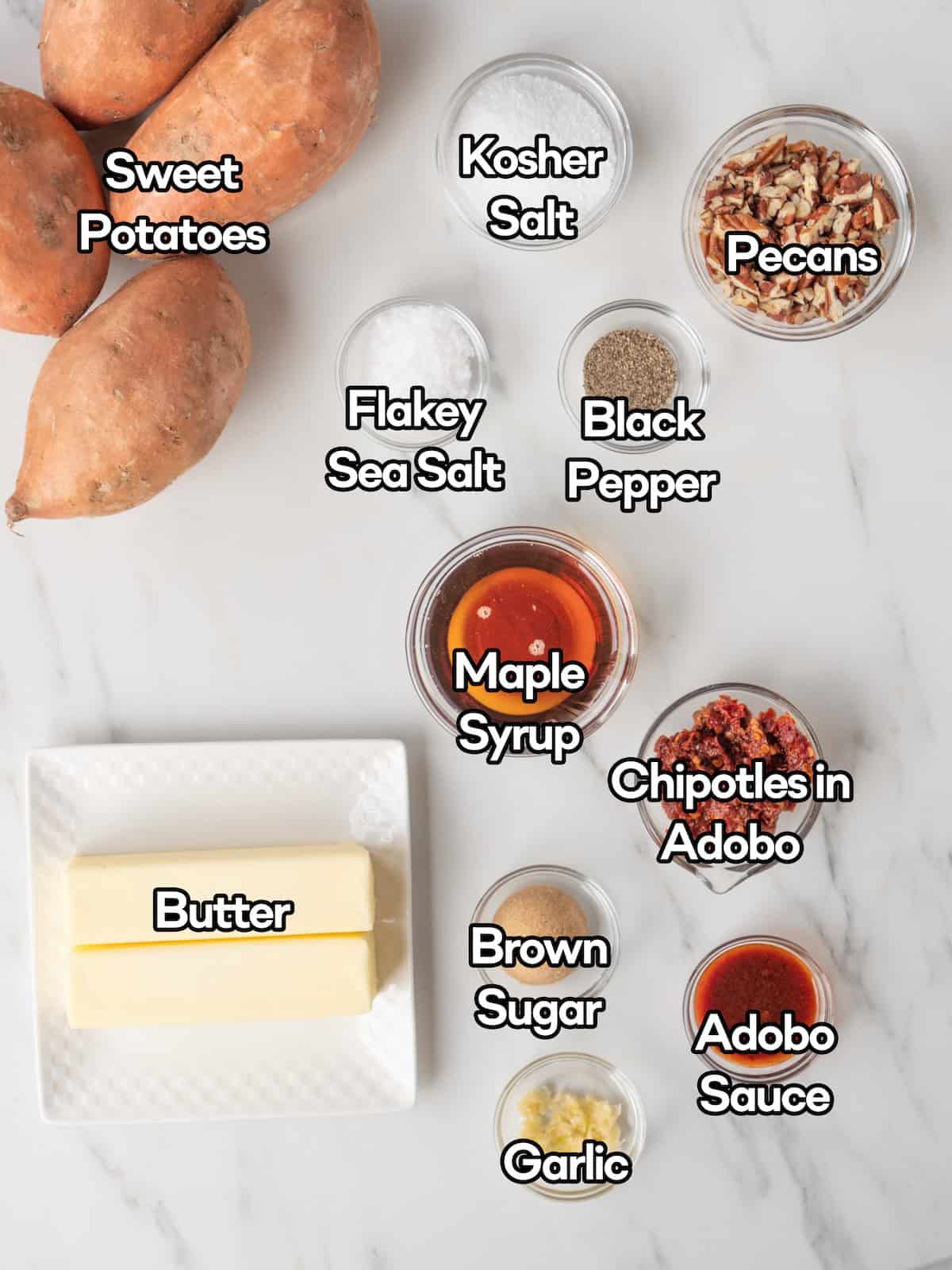 Mise en place of all ingredients to make baked sweet potato with chipotle maple butter.