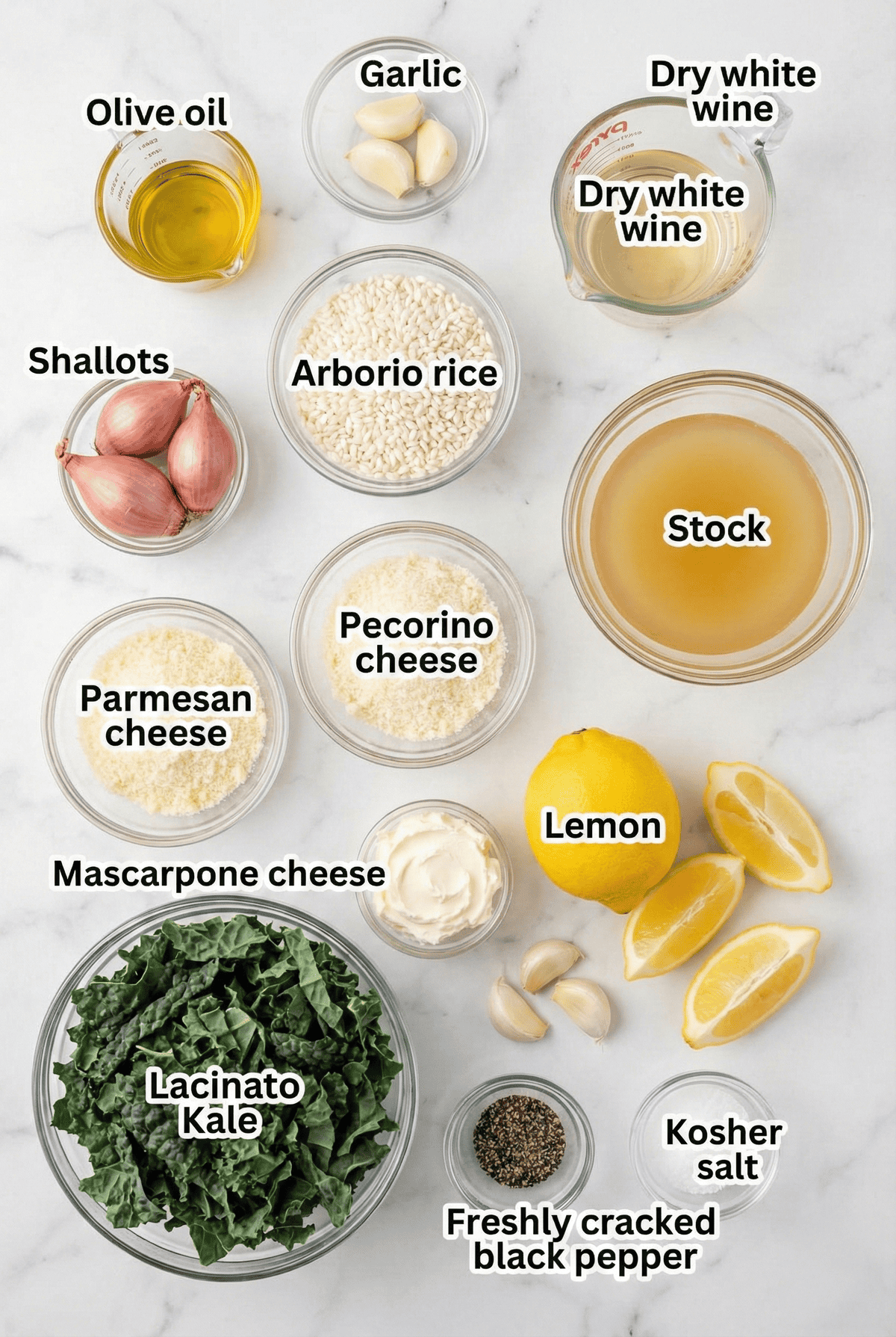 Ingredients laid out flat on a table top.