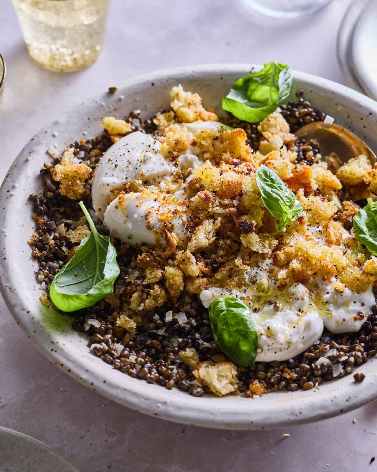 Lentils with Burrata and Breadcrumbs