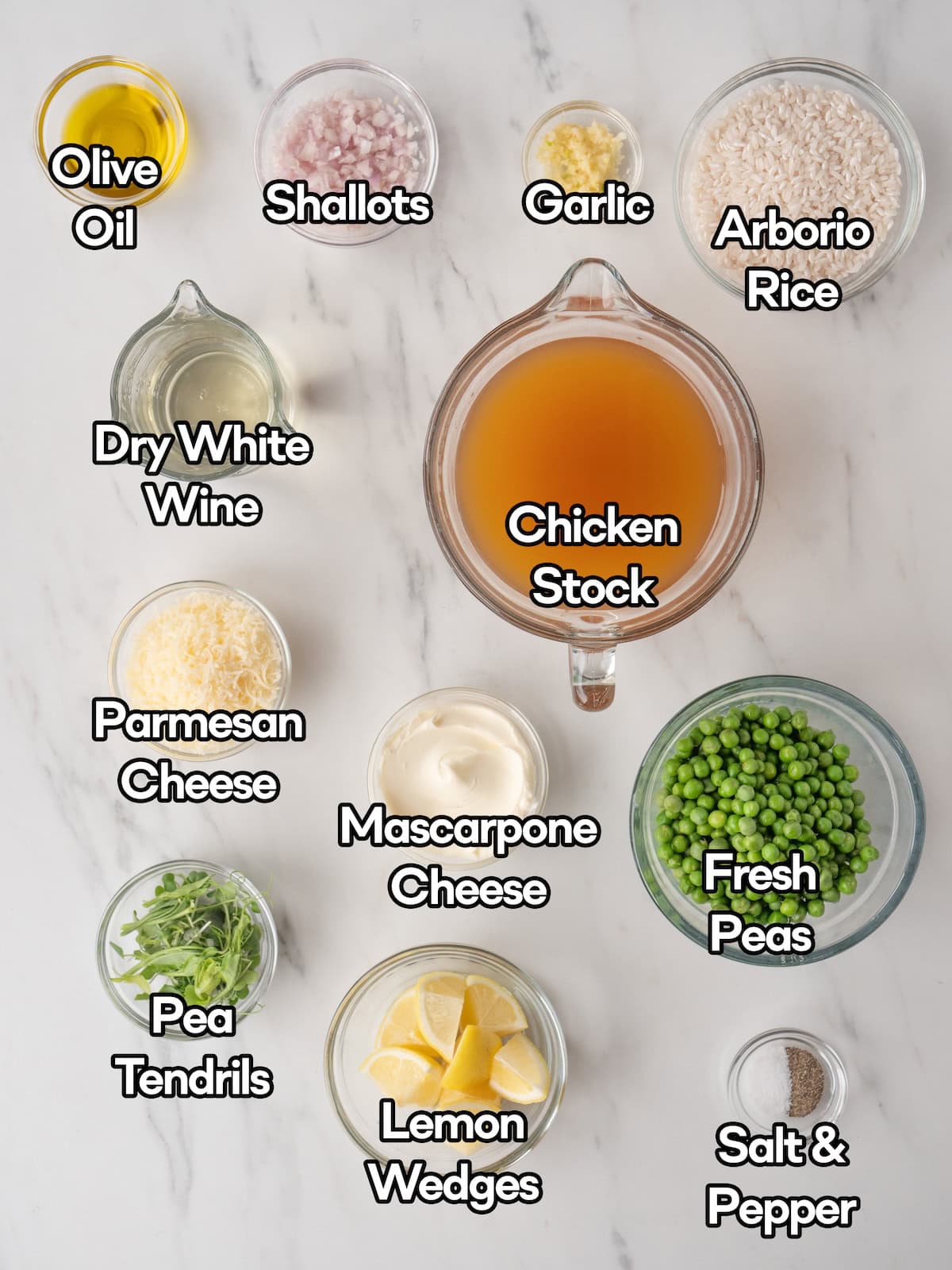 Mise en place of all ingredients to make spring pea risotto.