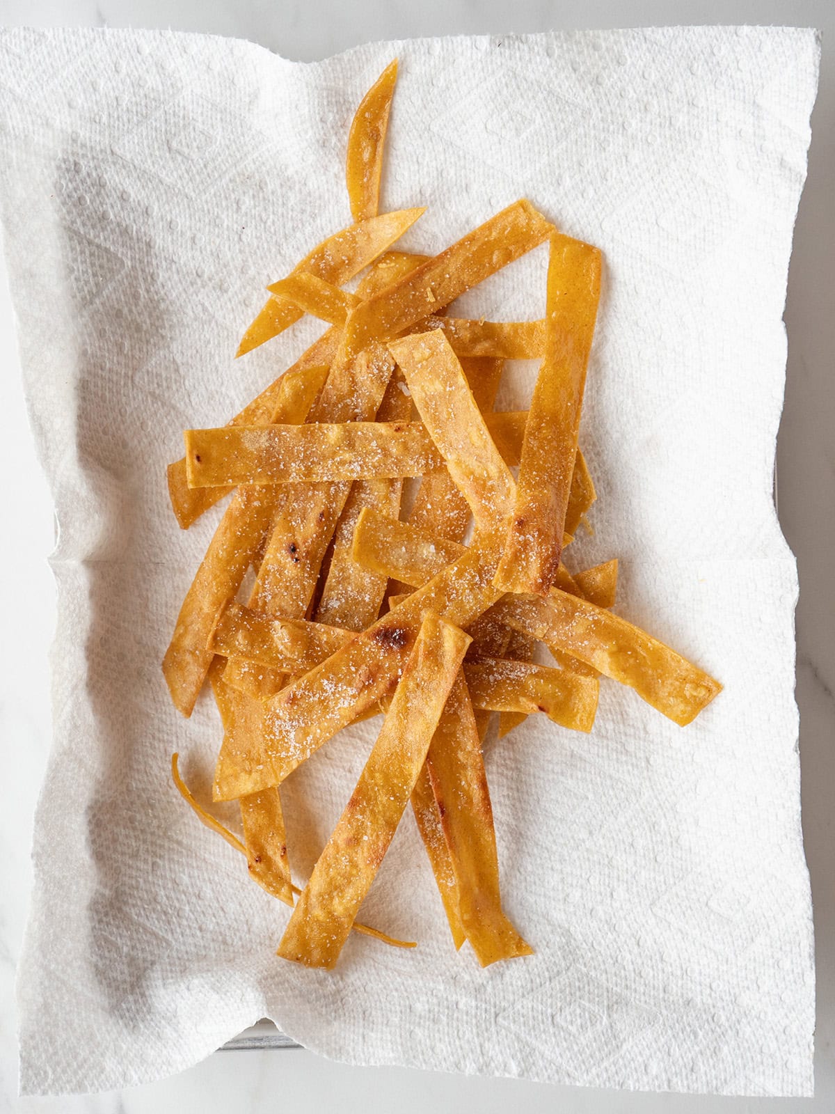 Crispy golden tortilla strips on paper