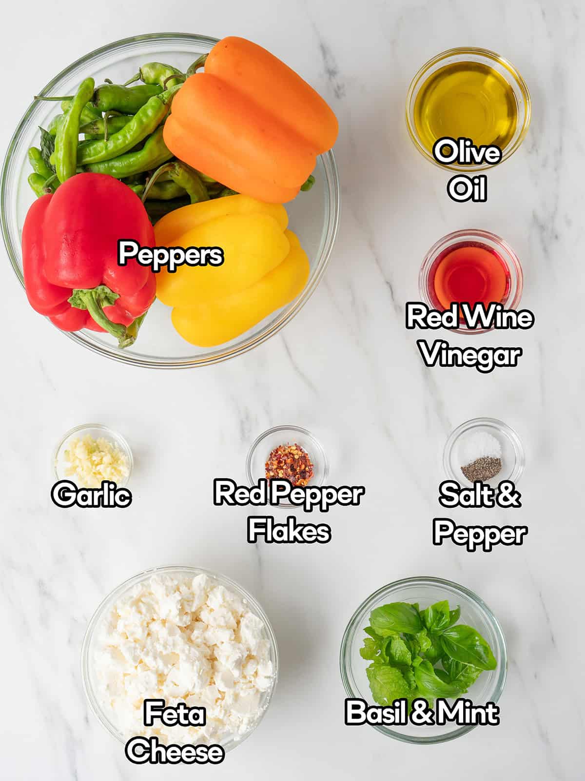 Colorful ingredients for Charred Pepper Salad with Feta