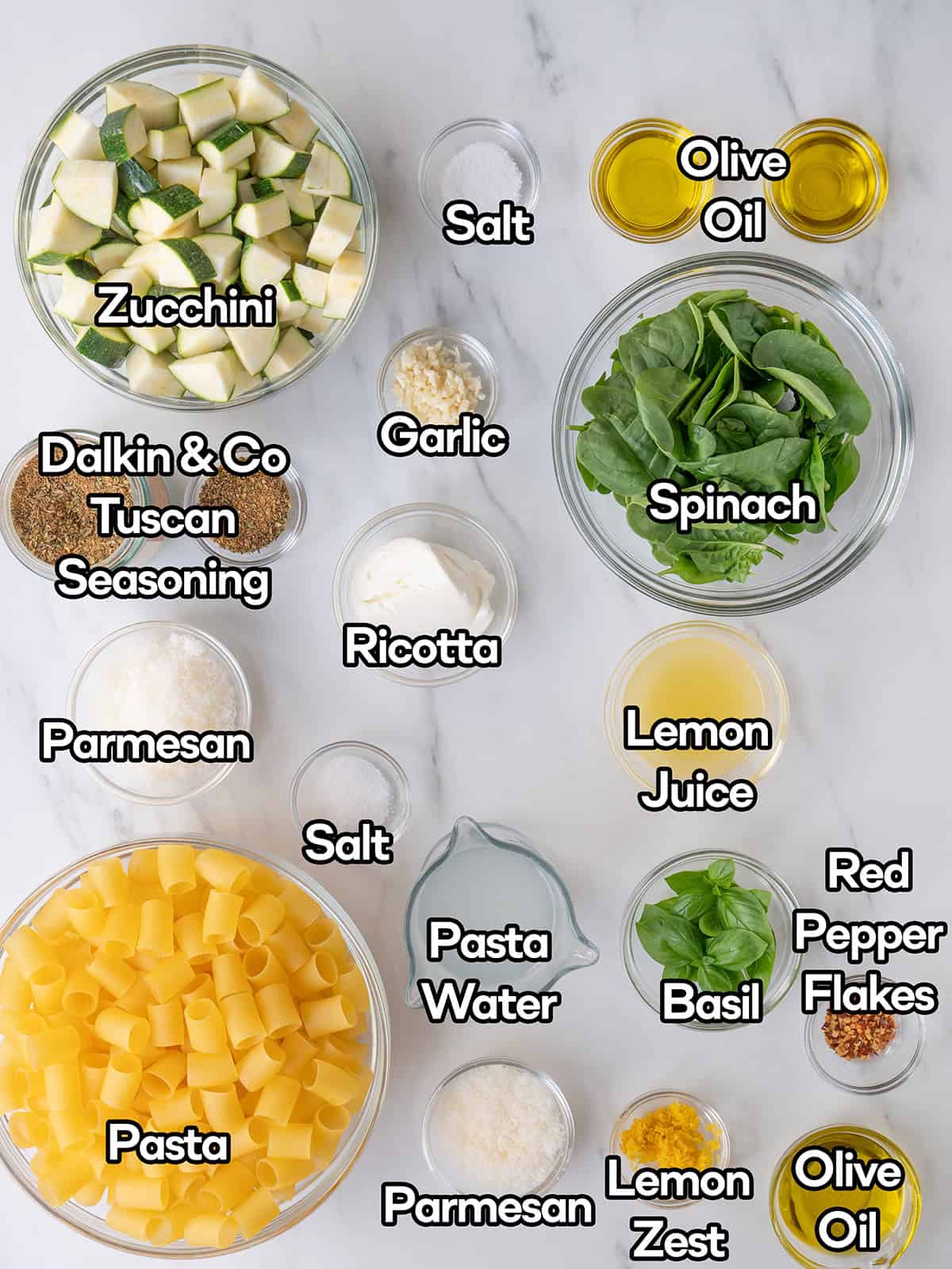 Ingredients: Zucchini, Kosher Salt, Olive Oil, Dalkin & Co Tuscan Seasoning, Garlic, Spinach, Parmesan Cheese, Ricotta, Lemon Juice, Pasta, Pasta Water, Basil, Lemon Zest, Red Pepper Flakes