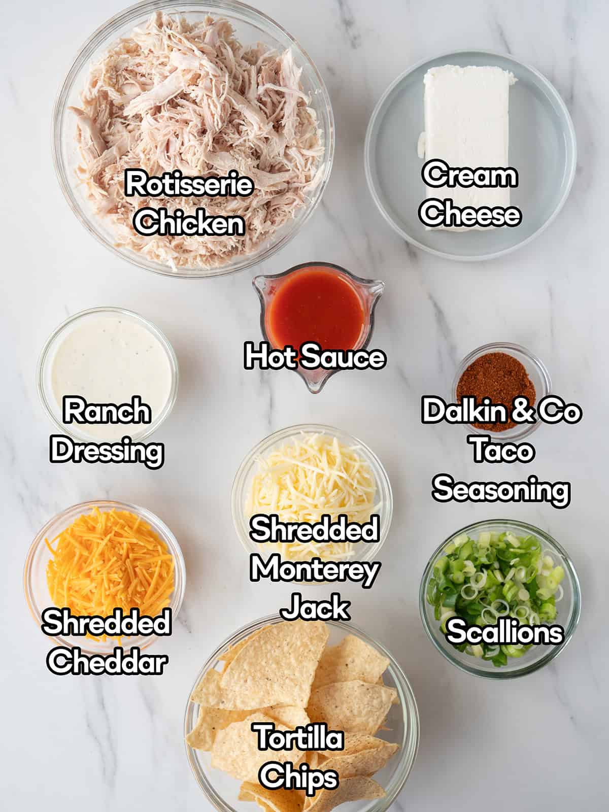 Ingredients for buffalo chicken dip