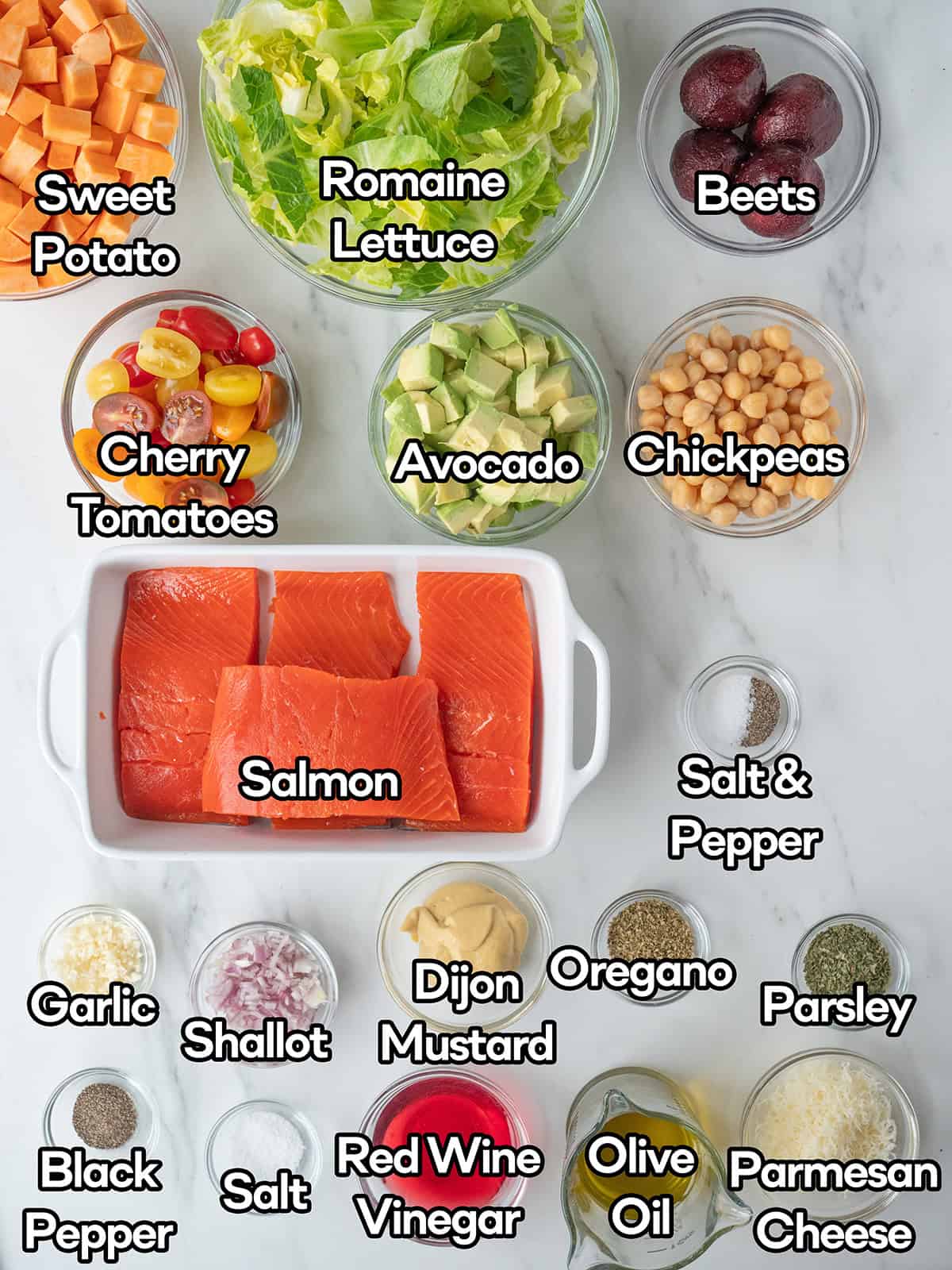 Ingredients for California Cobb Salad on a kitchen surface