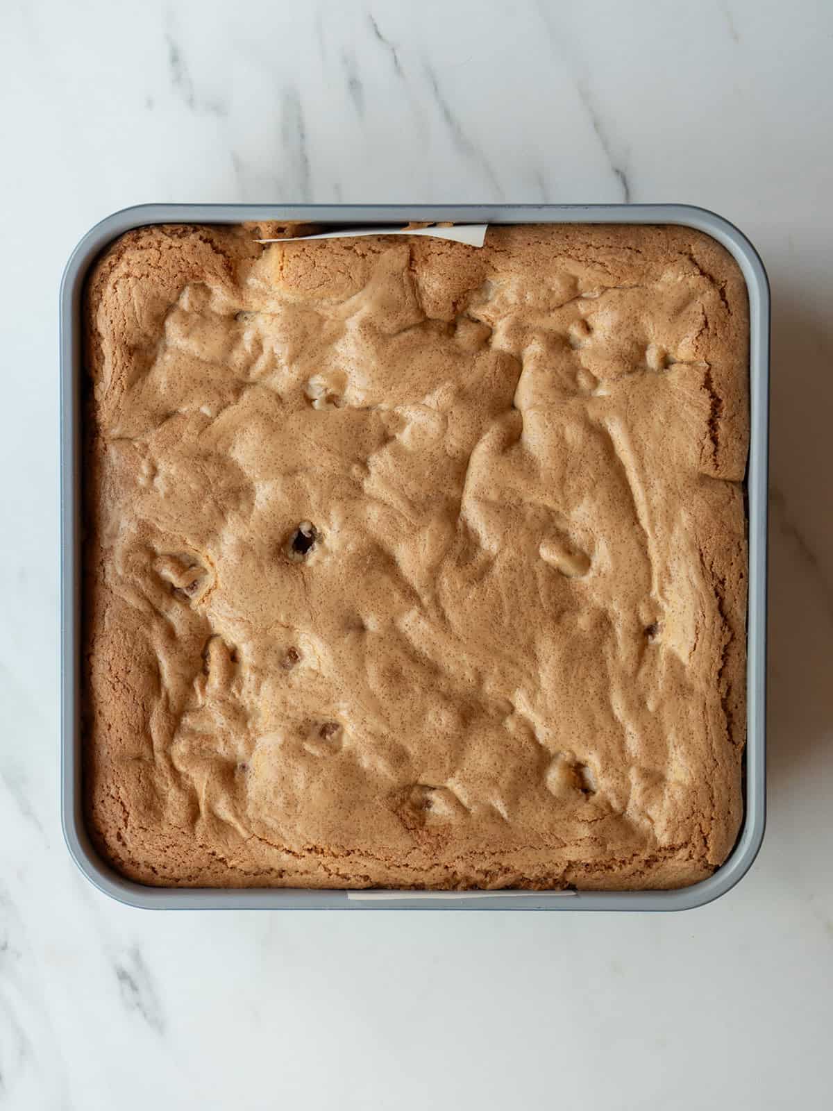 Chocolate Butterscotch Salted Caramel Blondie Brownies in a pan