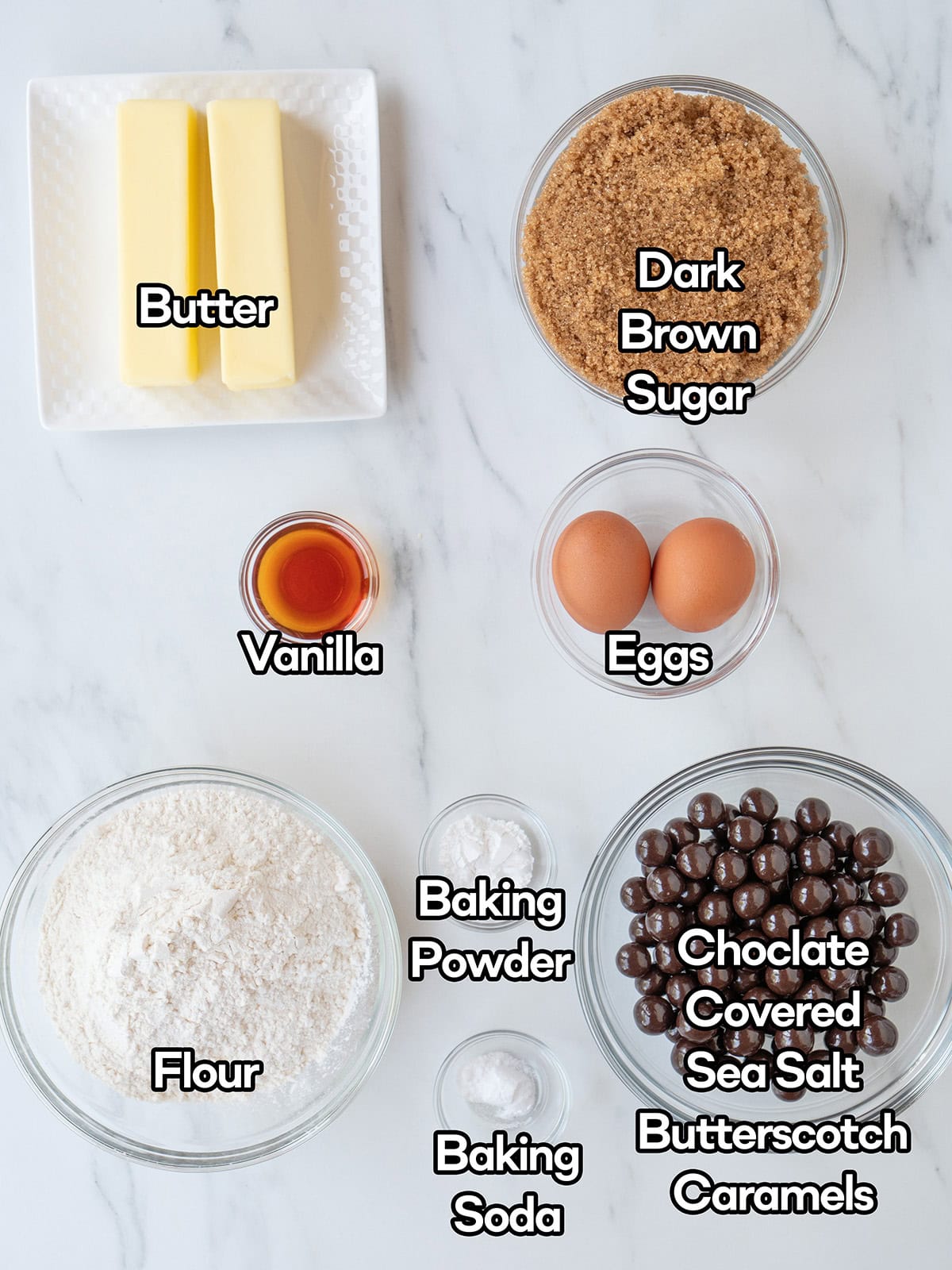 Ingredients for Chocolate Butterscotch Salted Caramel Blondies on a kitchen surface