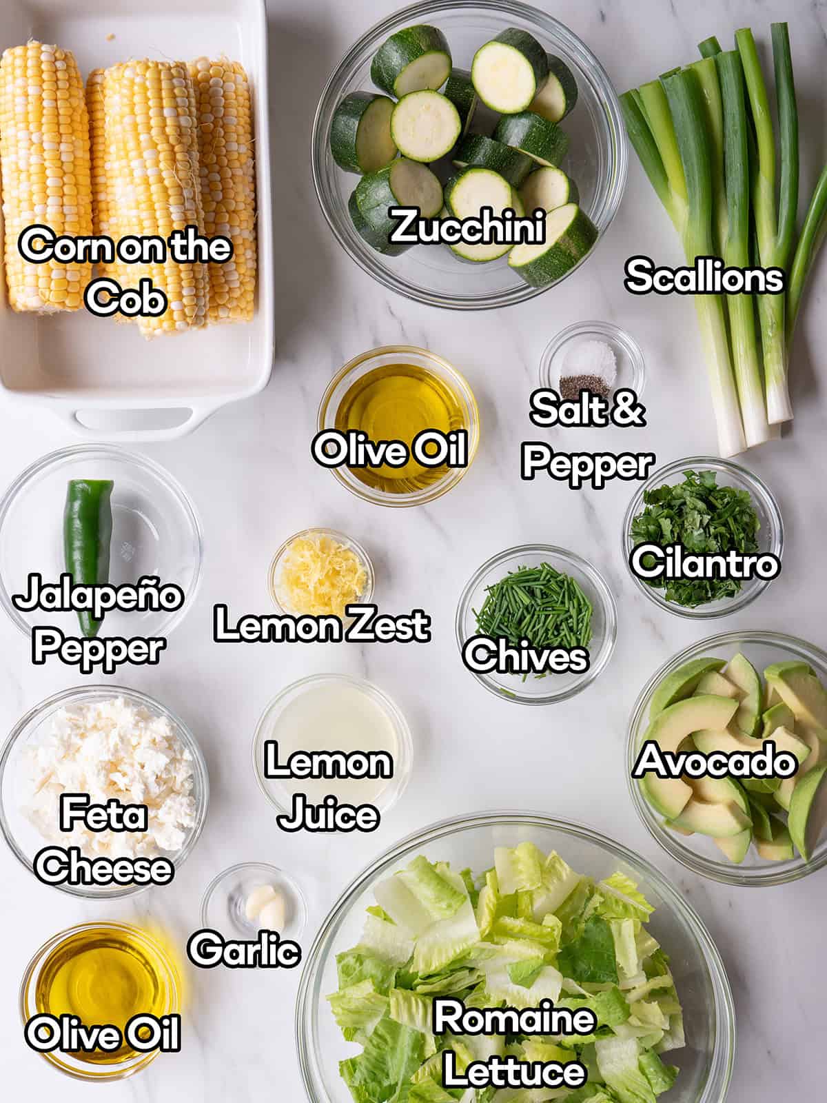 Ingredients for grilled corn and zucchini salad