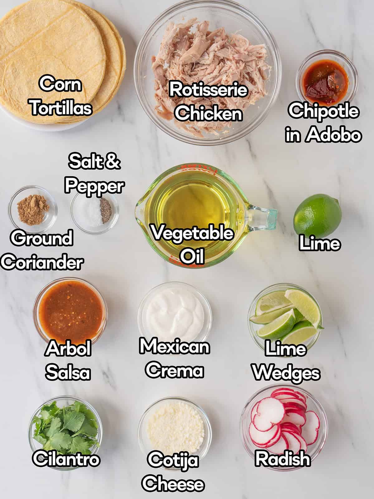 Ingredients for Homemade Chicken Taquitos on a kitchen surface
