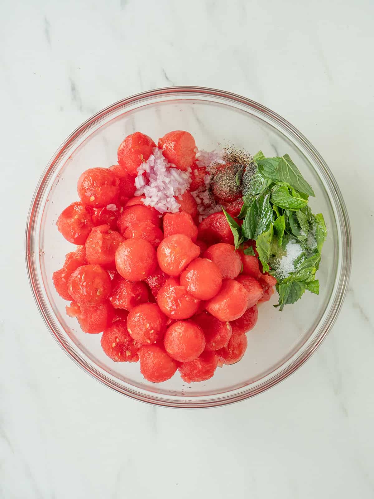 Bowl of watermelon, mint, and shallot