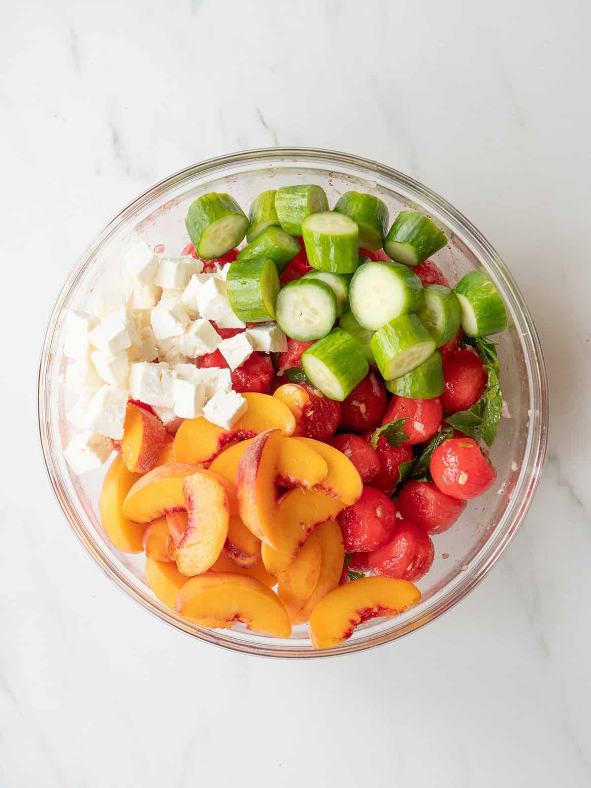 Colorful salad with watermelon and peaches