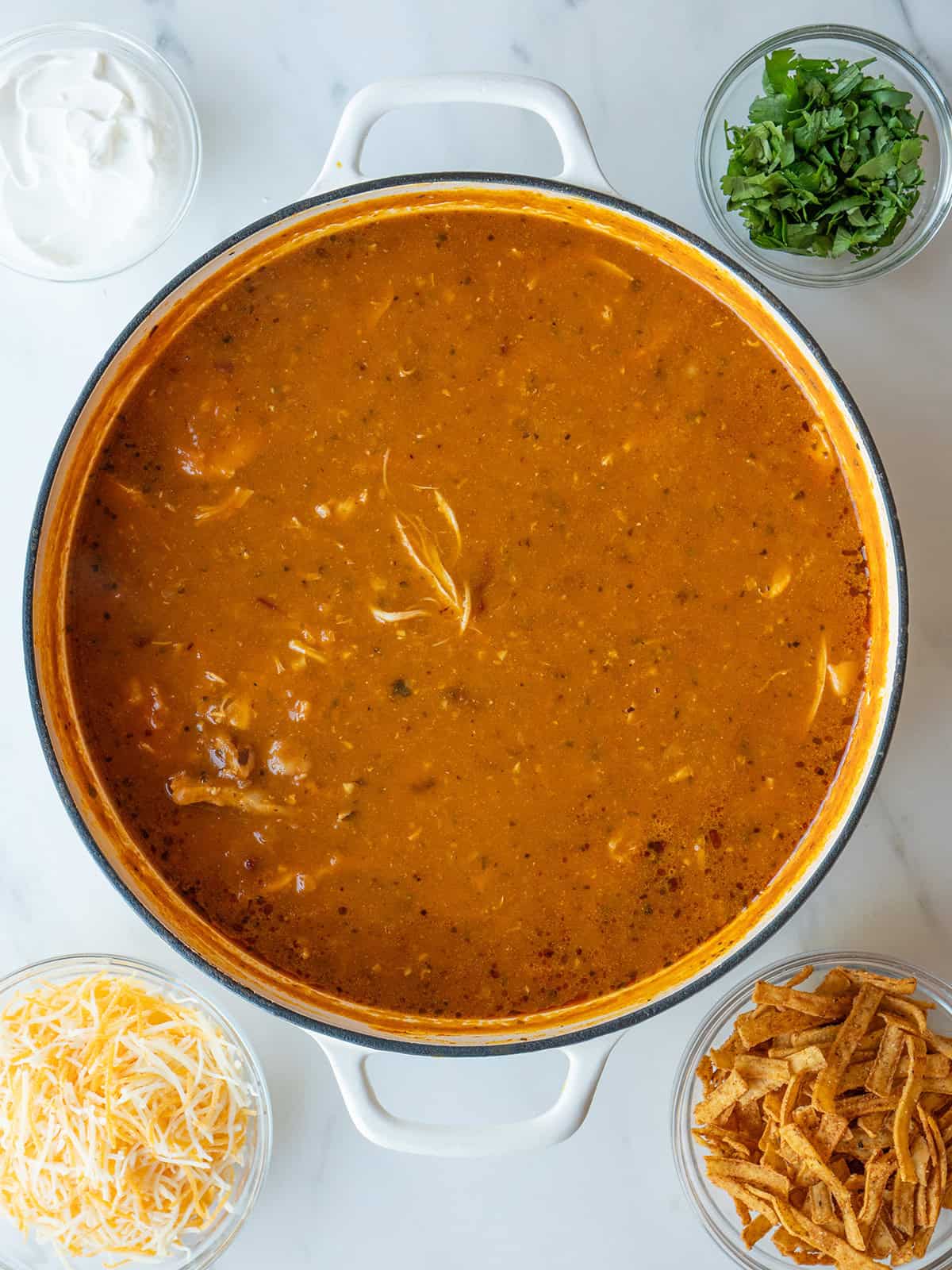 Pumpkin Chicken Chili topped with cilantro, sour cream, and crispy tortilla strips