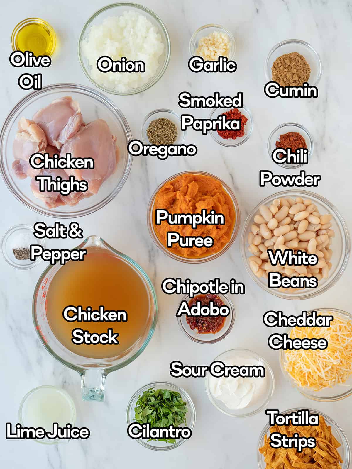 Ingredients for Pumpkin Chicken Chili, including chicken thighs, pumpkin puree, white beans, and spices