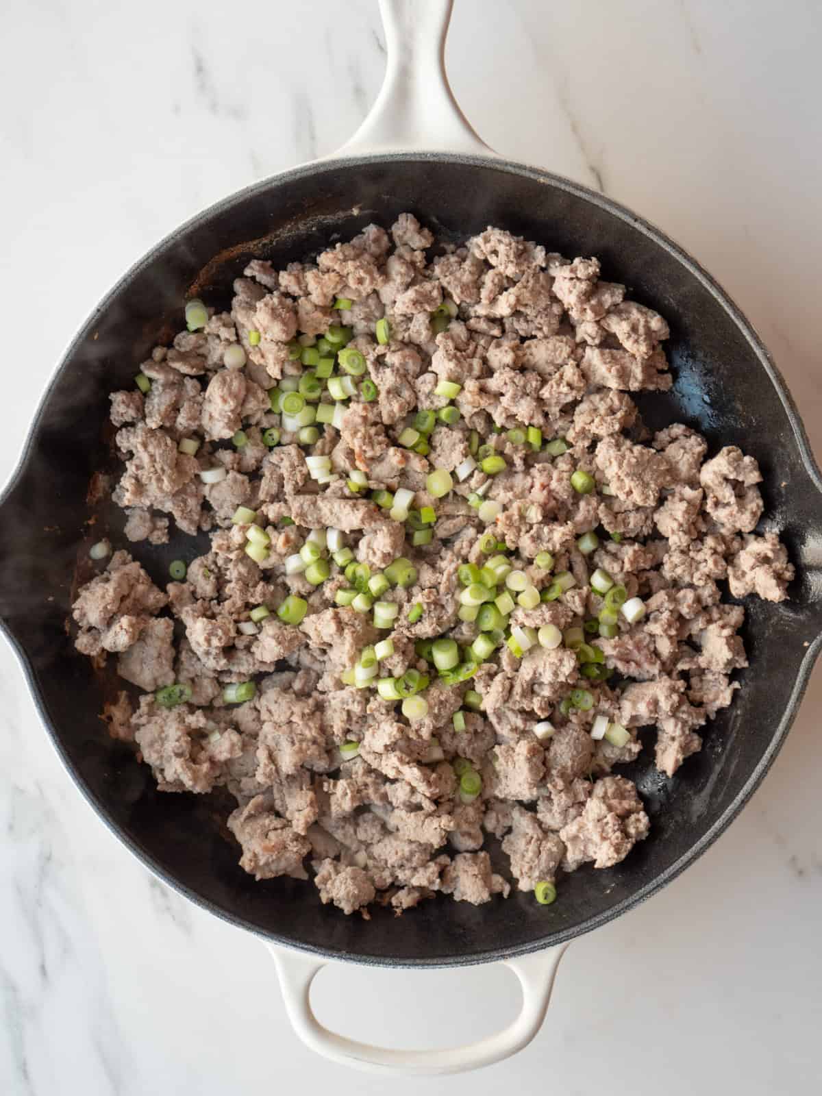 Cooked ground meat with green onions