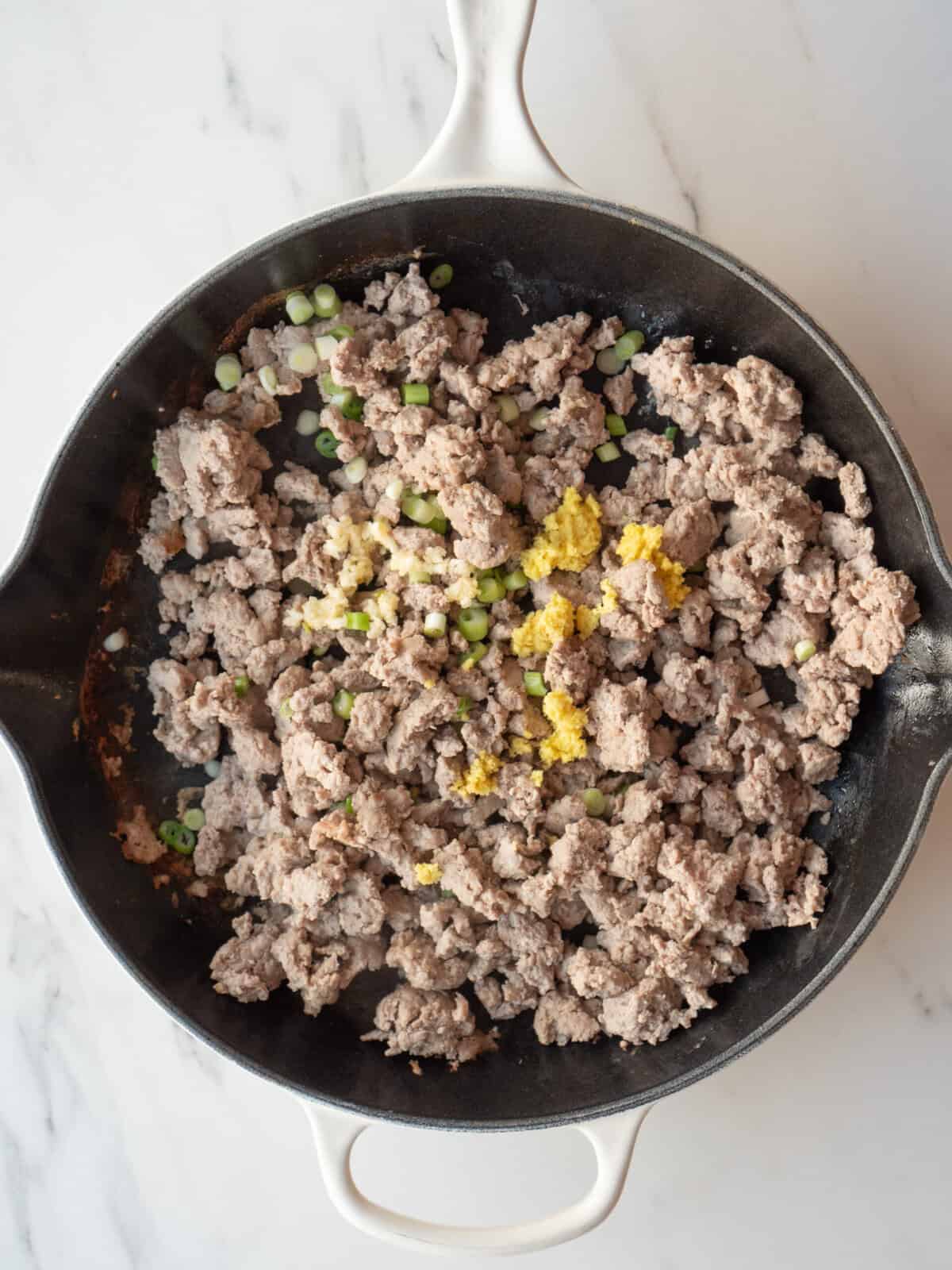 Cooked ground meat with green onions and ginger