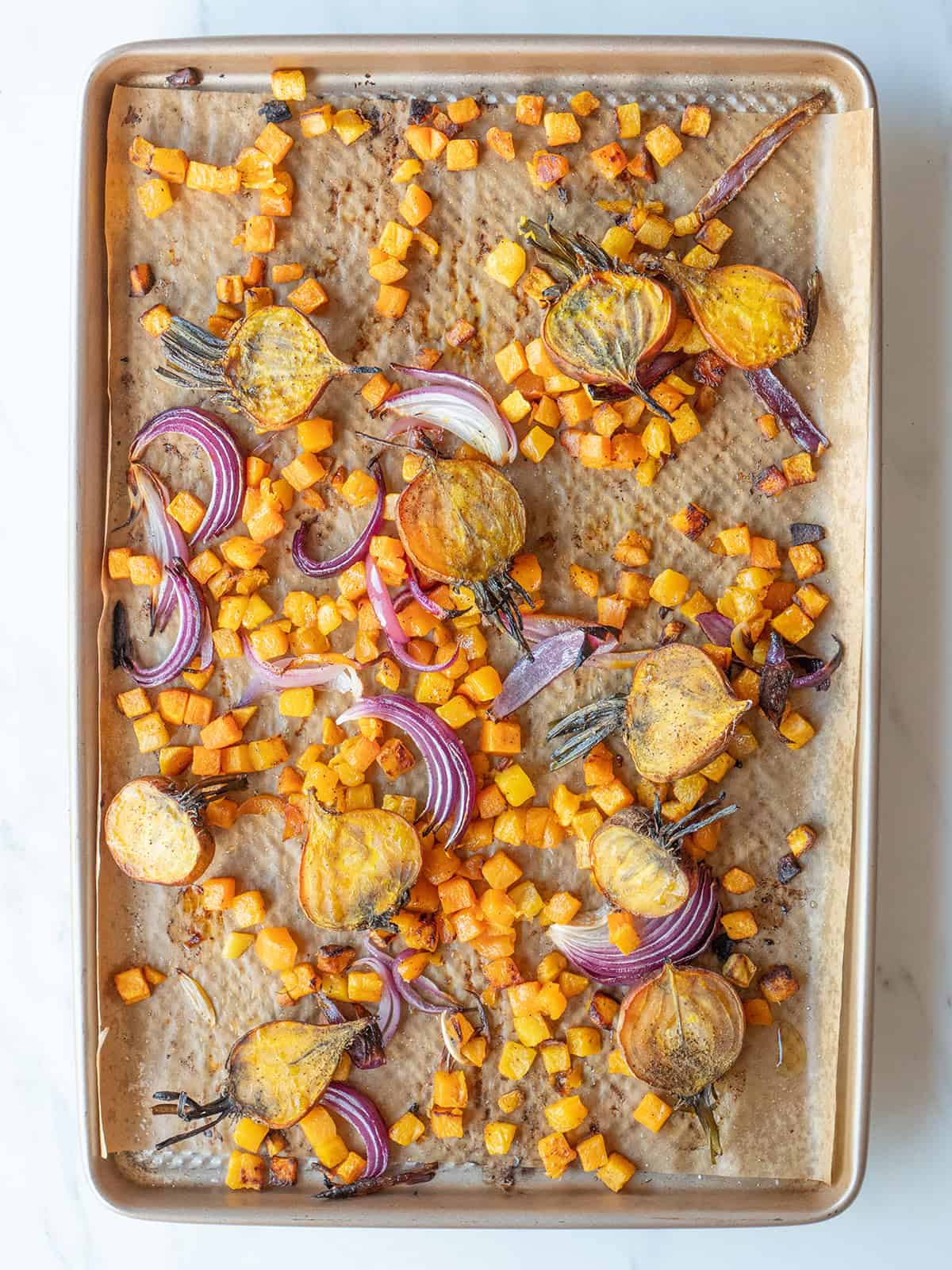 Colorful roasted vegetables on tray