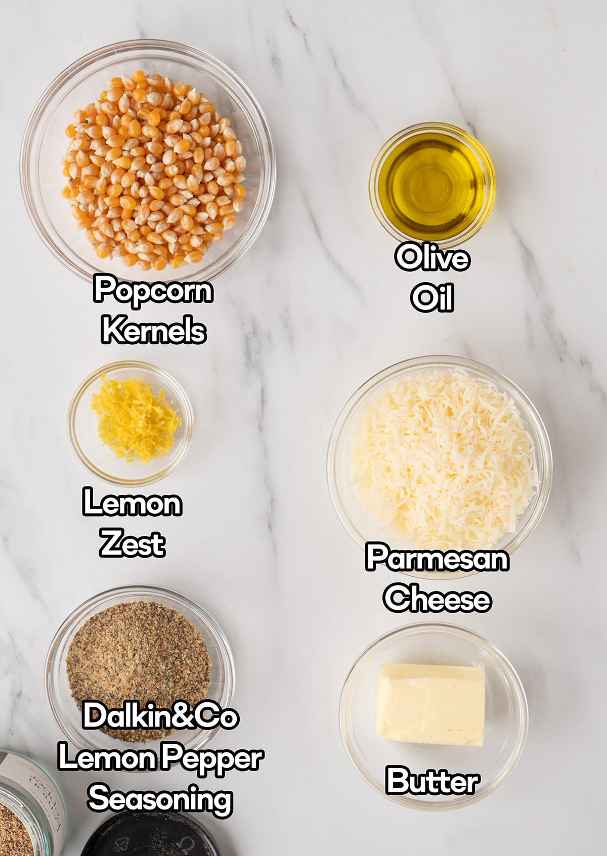 Popcorn ingredients with lemon pepper seasoning