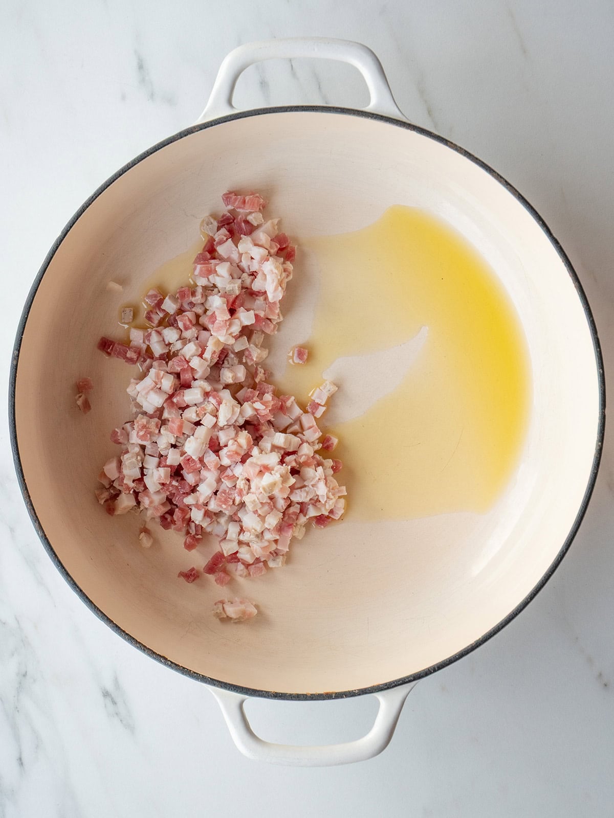 Chopped pancetta in a pan.