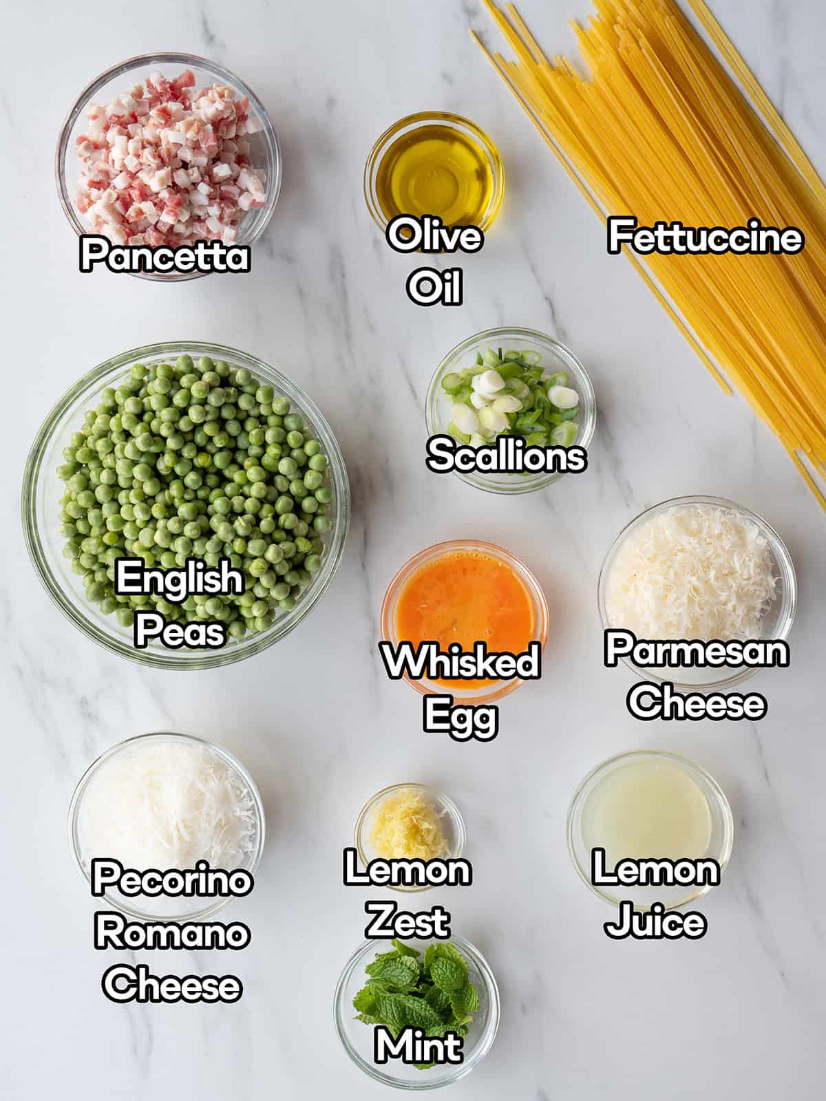 Ingredients for spring pasta carbonara