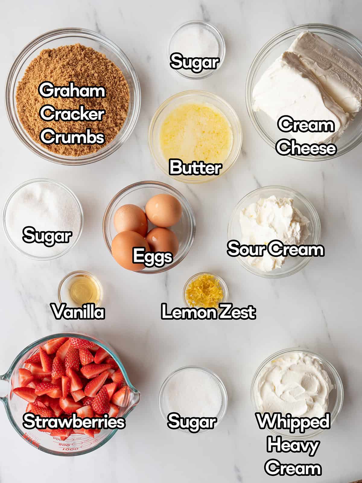 Ingredients for strawberry cheesecake preparation