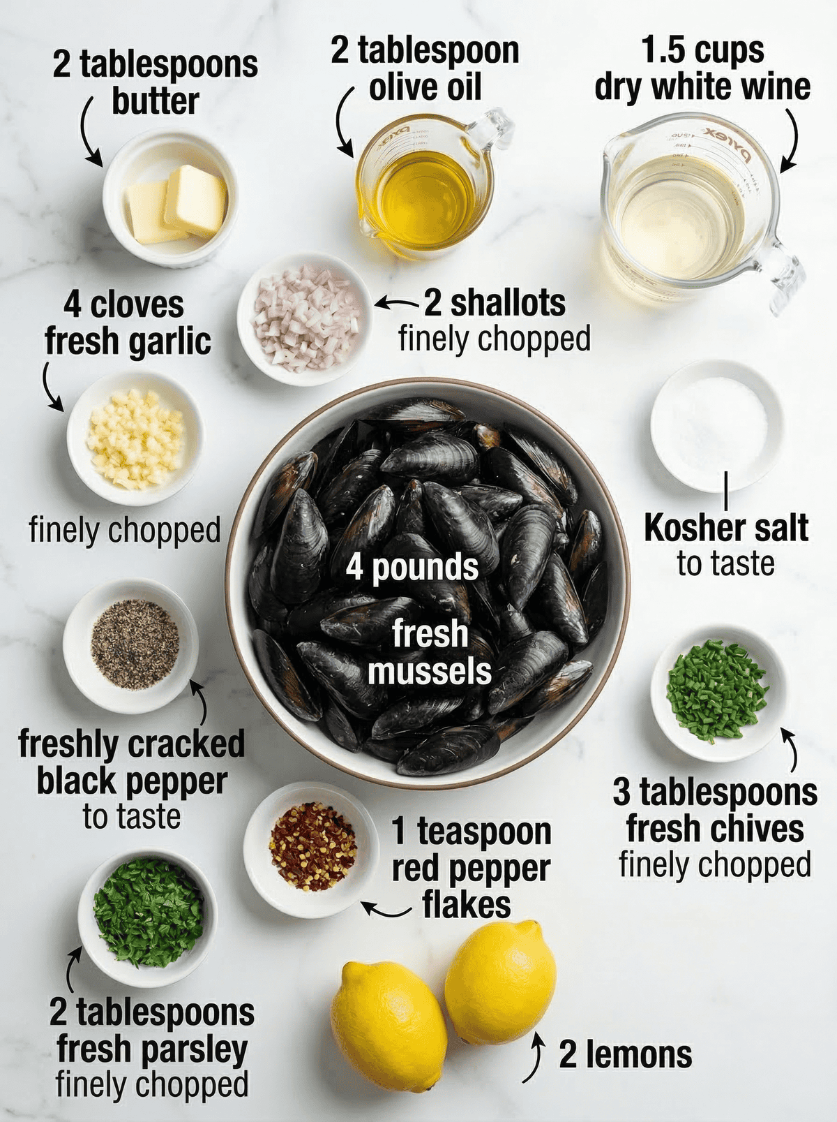 Ingredients needed to make steamed mussels