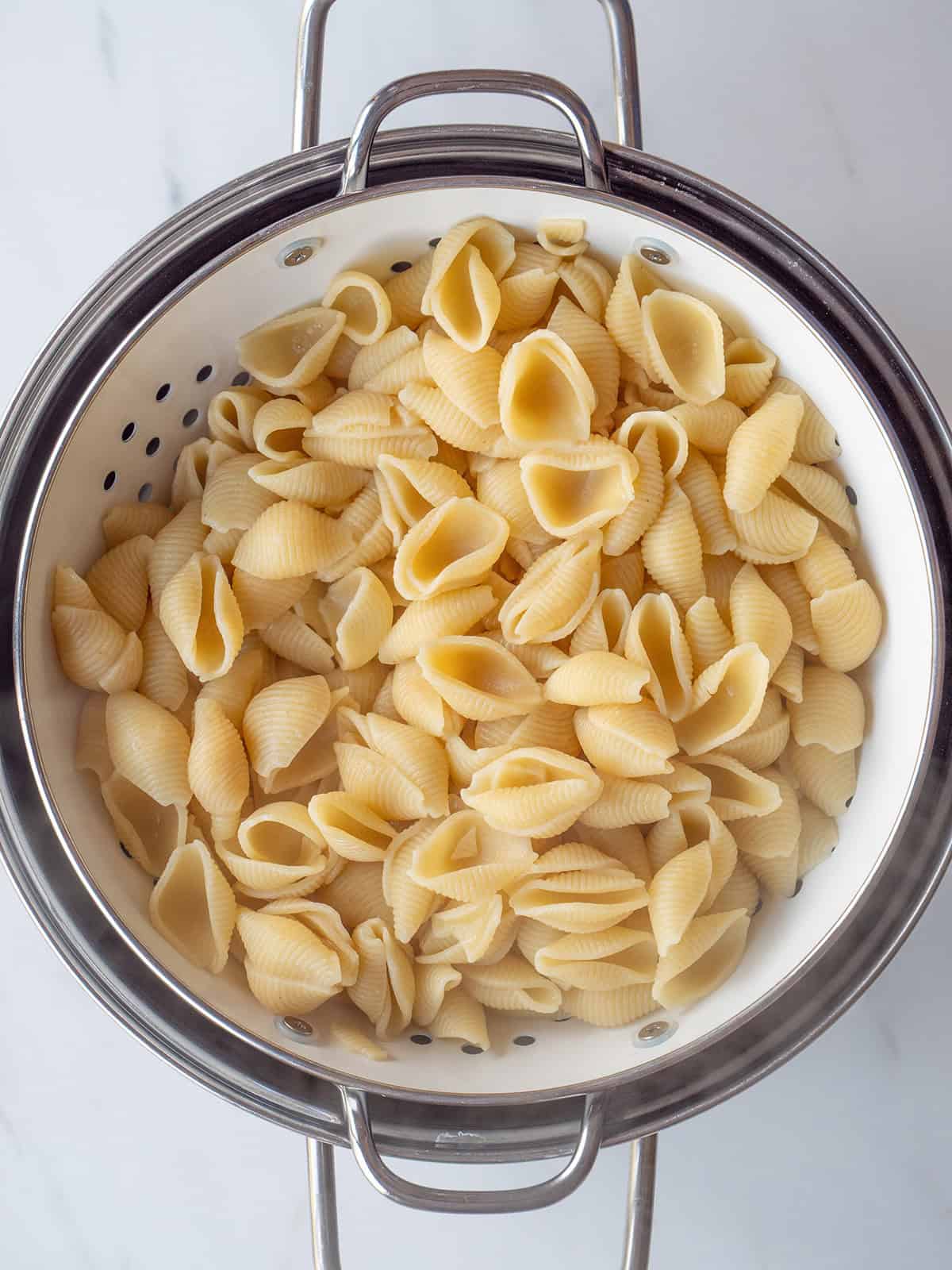 Cooked pasta in a colander