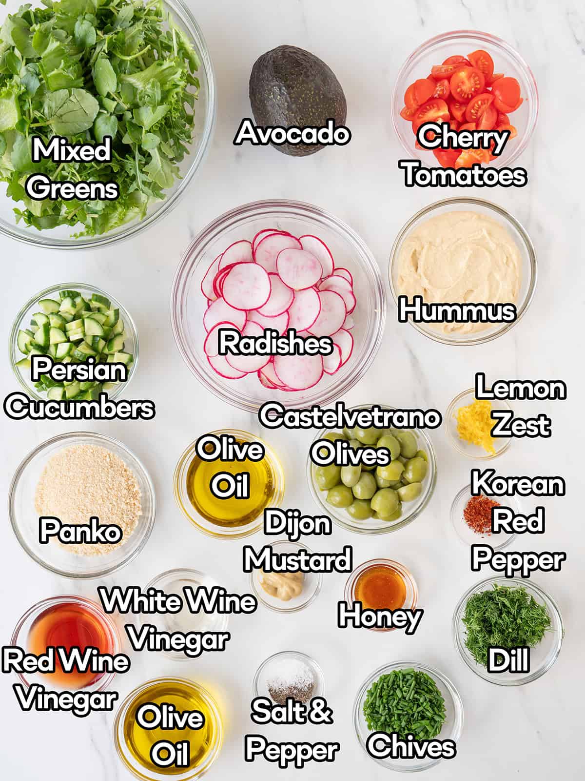 Ingredients for herby salad and hummus
