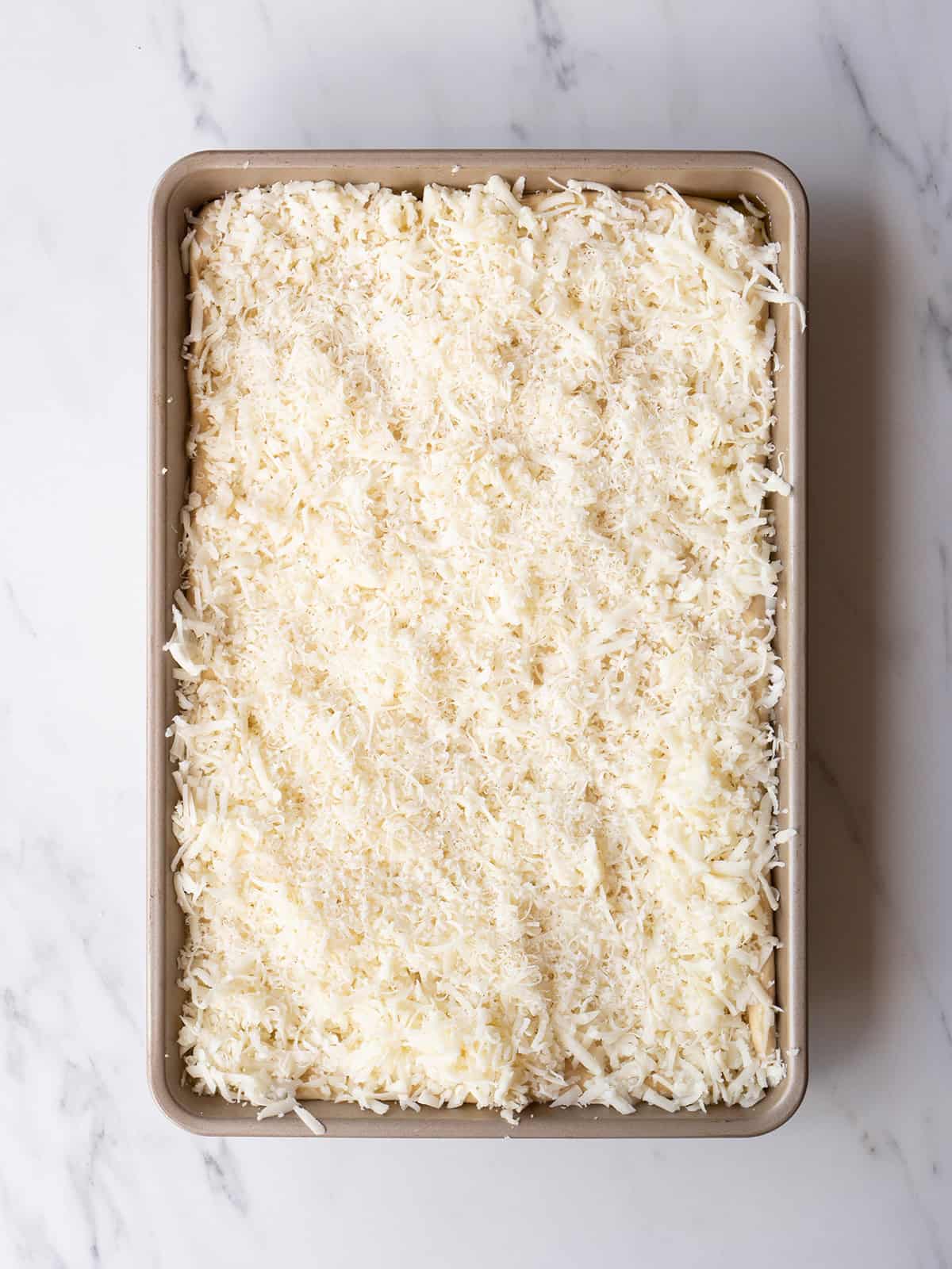 Tray of cheese-covered pizza preparation