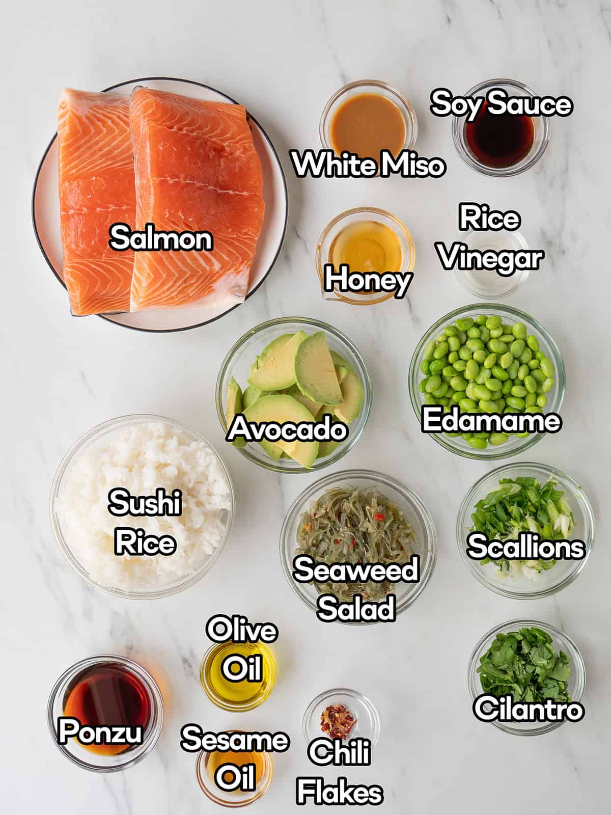Ingredients for a sushi bowl preparation