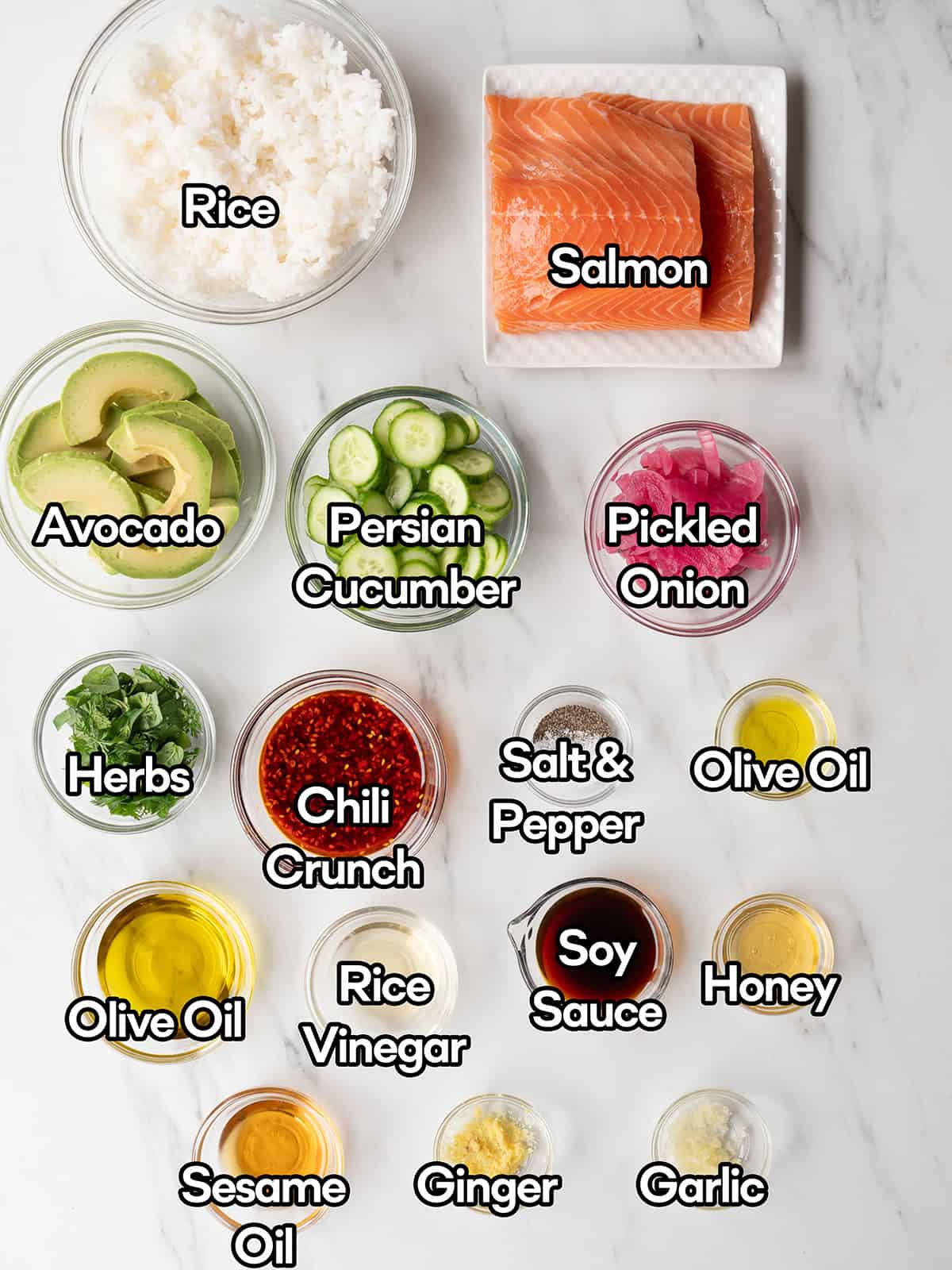 Ingredients for a salmon bowl dish
