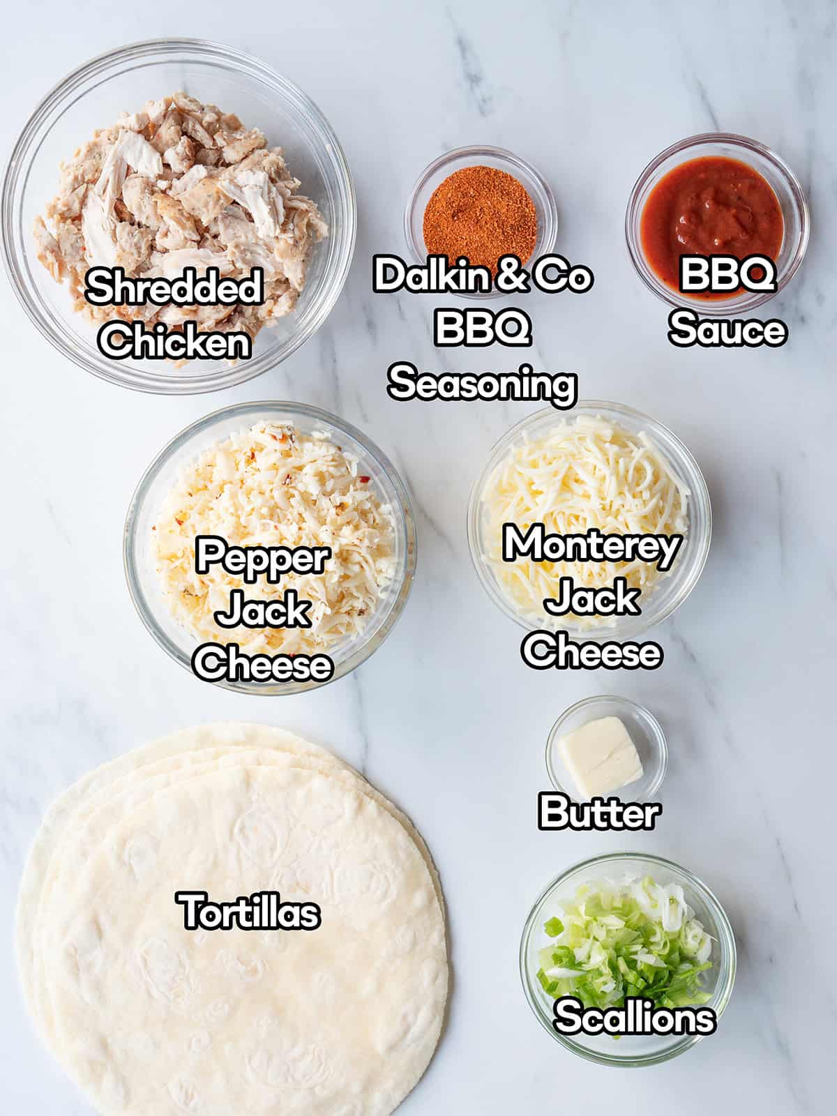 Ingredients for Cheesy BBQ Chicken Quesadillas