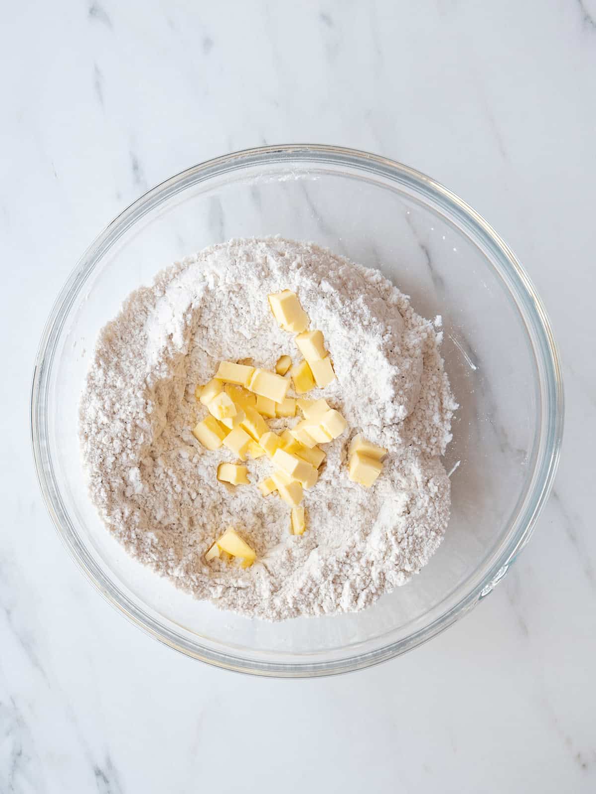 Flour mixture with butter cubes added