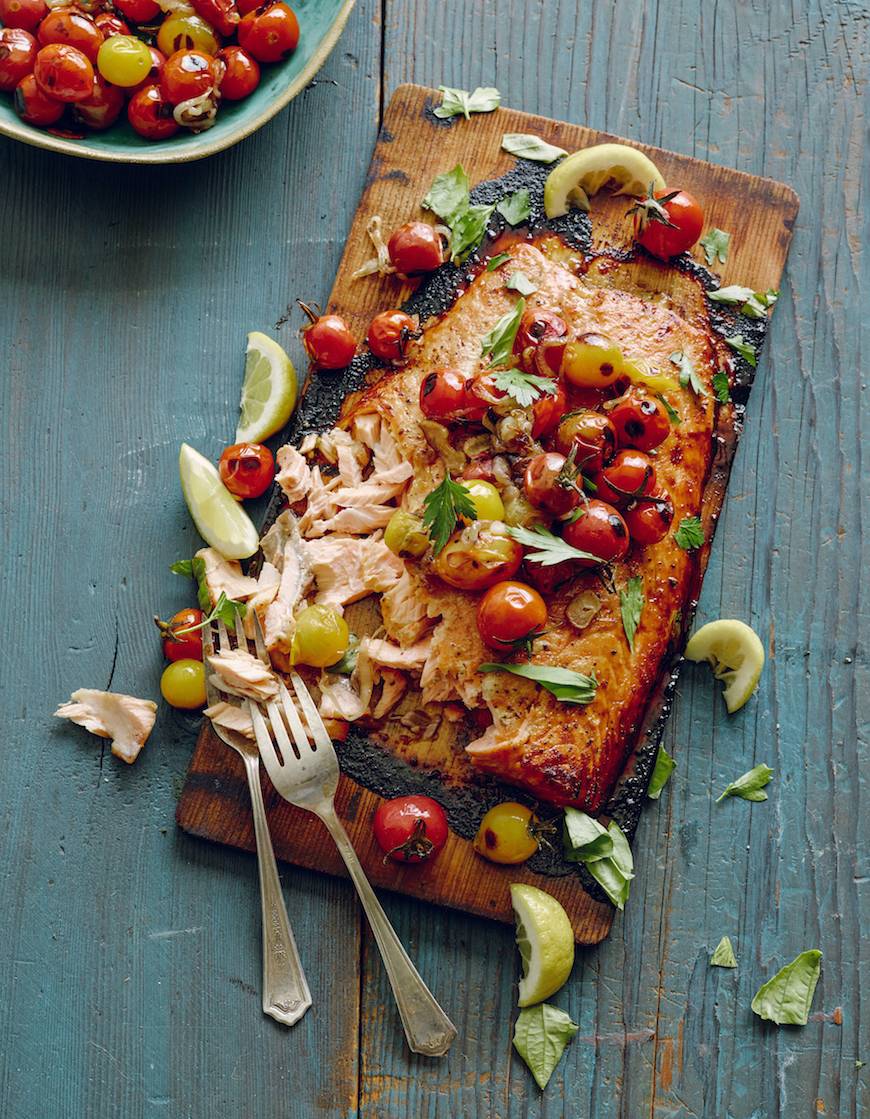 Cedar Plank Salmon with Blistered Tomatoes