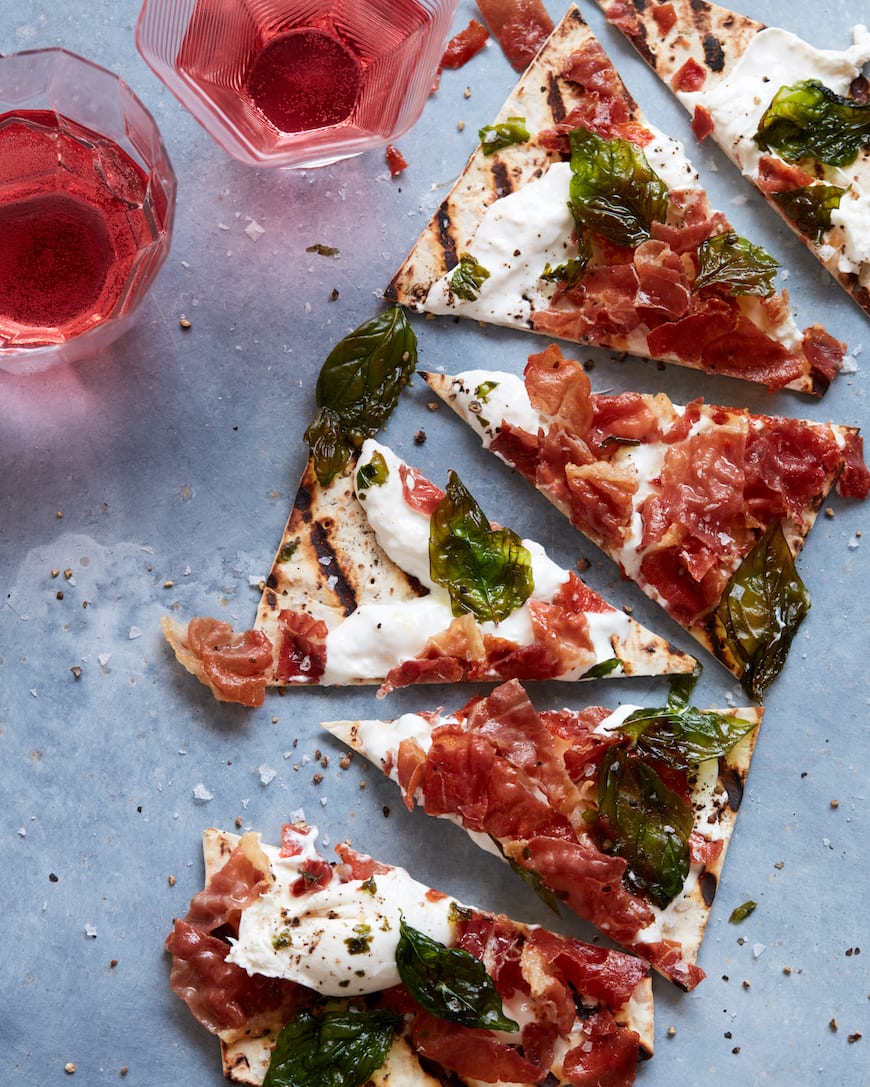  Grilled Burrata Pizza with Crispy Prosciutto and Fried Basil from www.whatsgabycooking.com (@Whatsgabycookin)