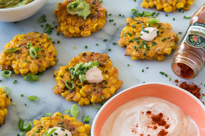 Corn Fritters with Spiced Crema - What's Gaby Cooking