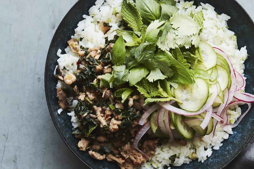 Chicken Mushroom Larb Bowls with coconut rice from www.whatsgabycooking.com (@whatsgabycookin)