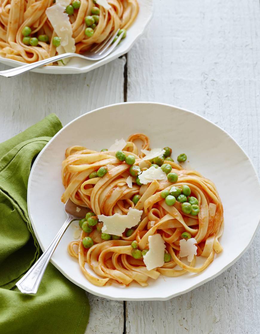 Roasted Red Pepper Pasta  with Peas and Parmesan