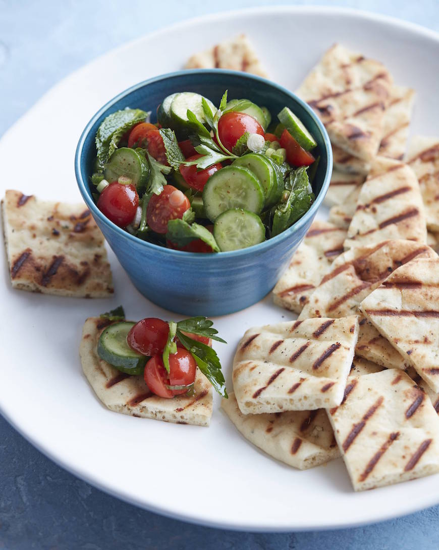 Cucumber Tomato Salad with Garlic and Herb Grilled Naan from www.whatsgabycooking.com (@whatsgabycookin)