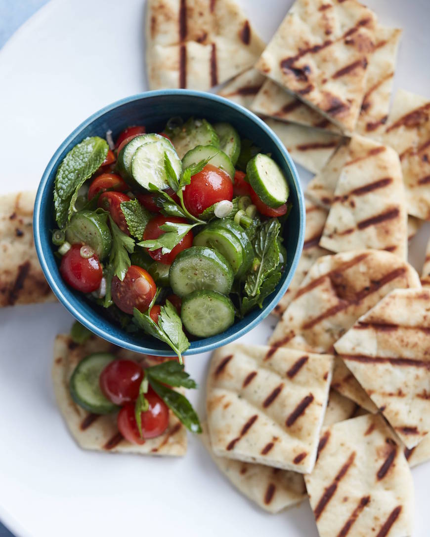Cucumber Tomato Salad with Garlic and Herb Grilled Naan from www.whatsgabycooking.com (@whatsgabycookin)
