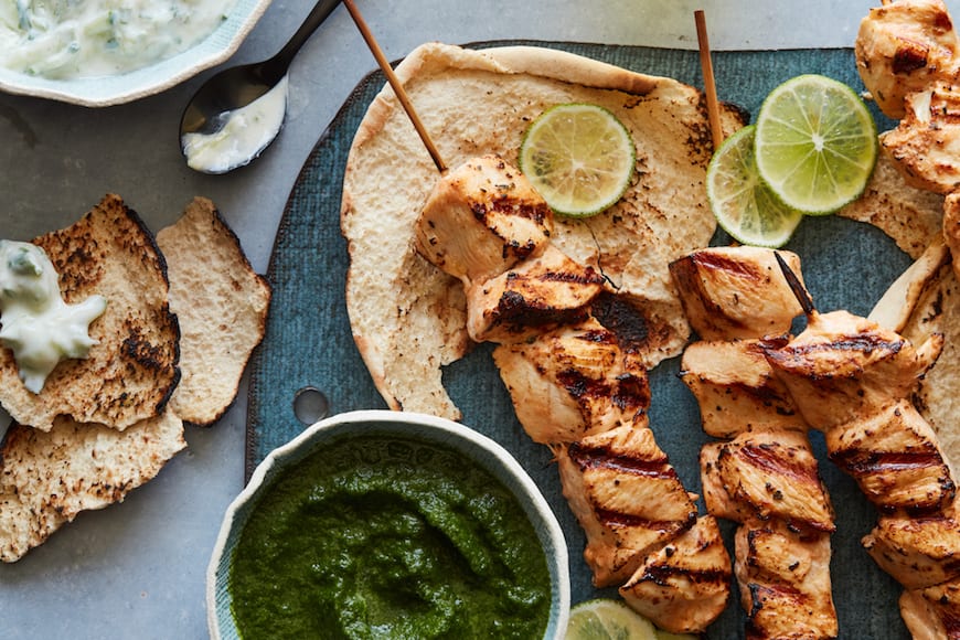 Chicken Skewers with Cilantro Mint Sauce from www.whatsgabycooking.com (@whatsgabycookin)