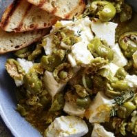 Marinated Olives and Feta with grilled bread from www.whatsgabycooking.com (@whatsgabycookin)