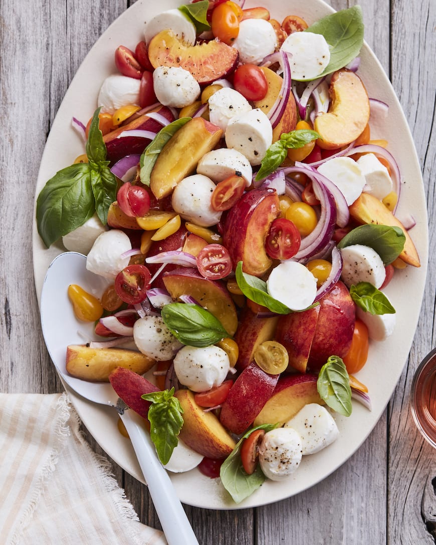 Peach Tomato Caprese for the Italian Dinner Party Menu from www.whatsgabycooking.com (@whatsgabycookin)