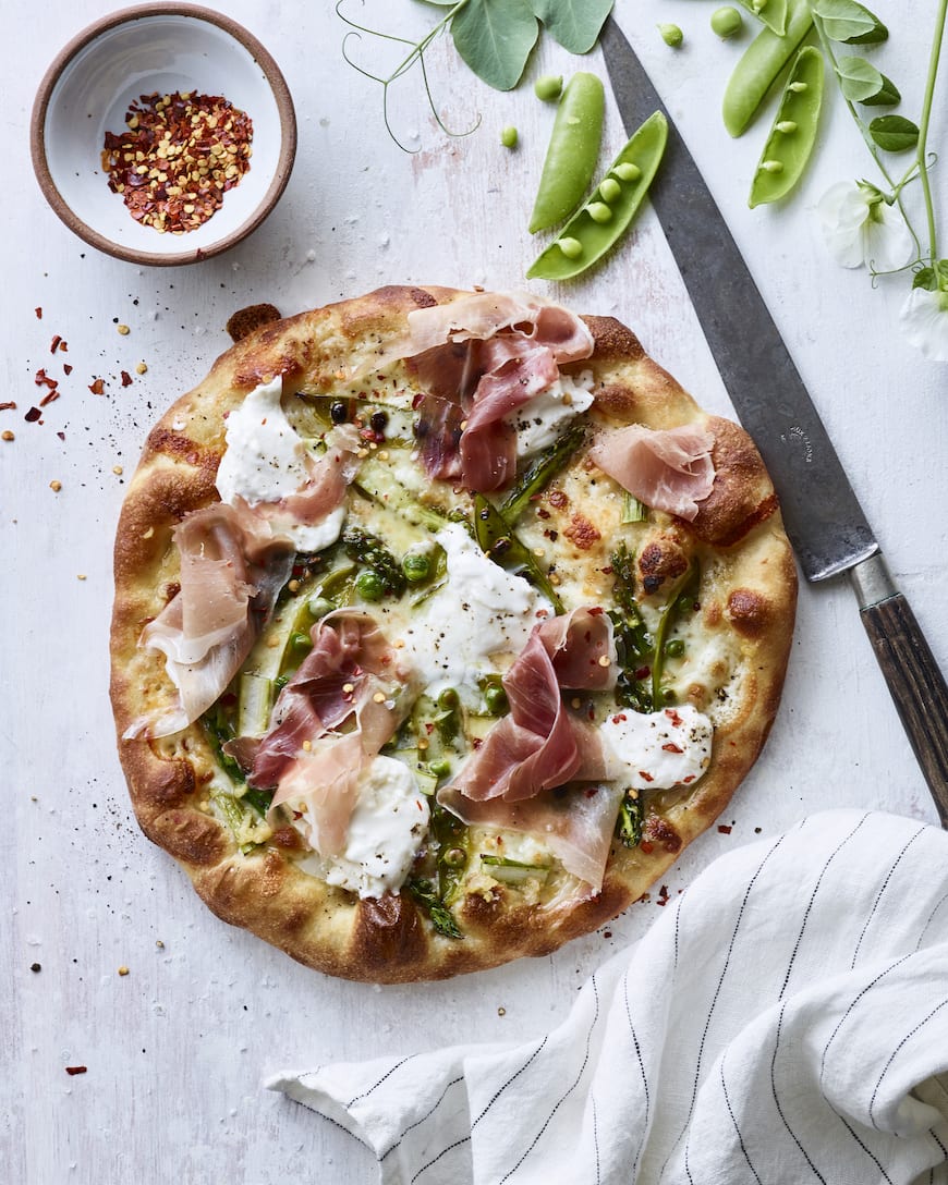 Burrata Snap Pea and Asparagus Pizza from www.whatsgabycooking.com (@whatsgabycookin)