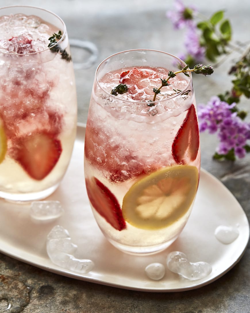 Strawberry Thyme Lillet Spritzers from www.whatsgabycooking.com (@whatsgabycookin)
