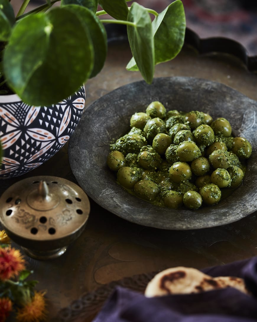 Moroccan Dinner Party Menu // Green Harissa Olives from www.whatsgabycooking.com (@whatsgabycookin)