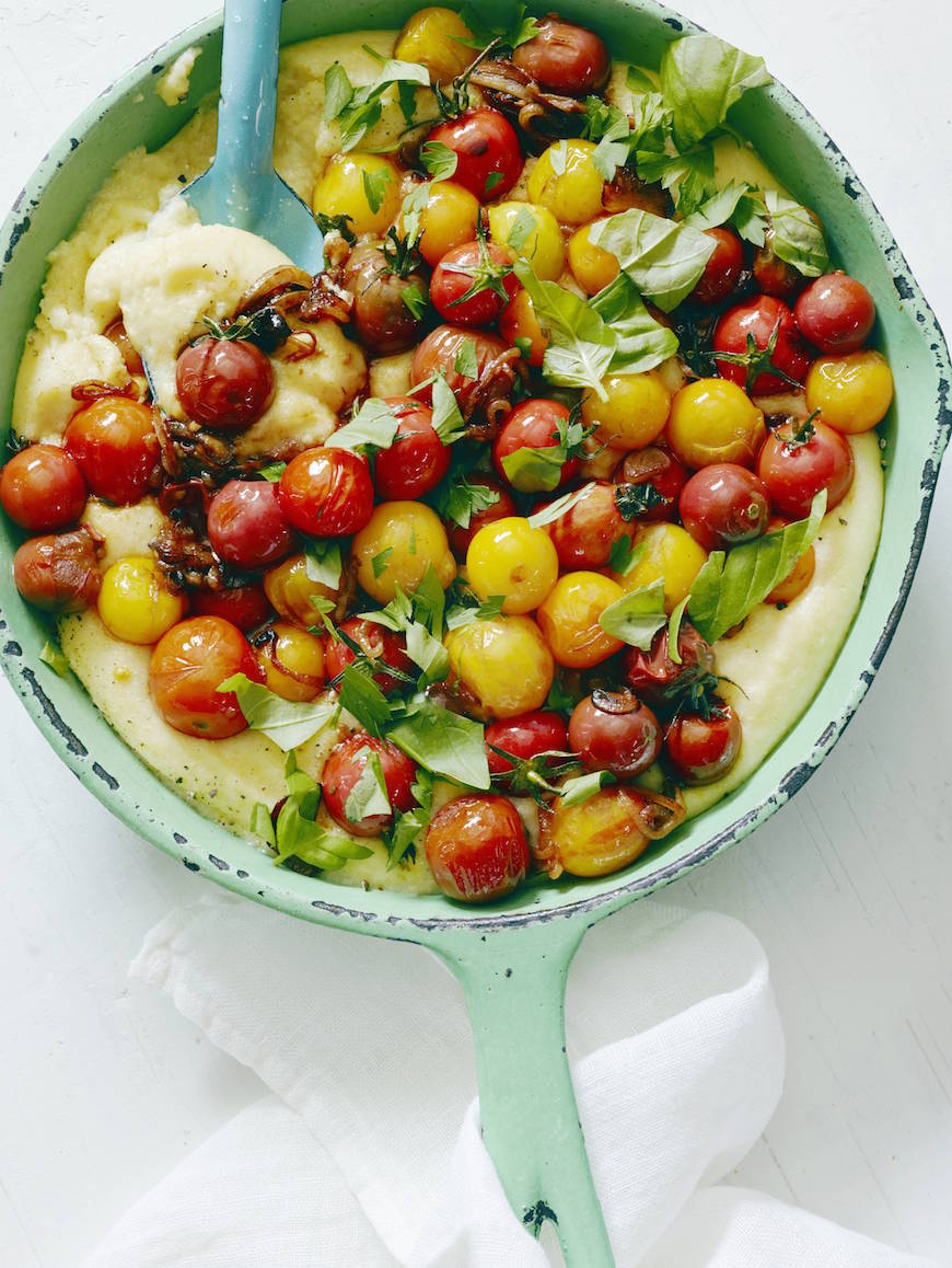 White Cheddar Polenta with Blistered Tomatoes from www.whatsgabycooking.com (@whatsgabycookin)